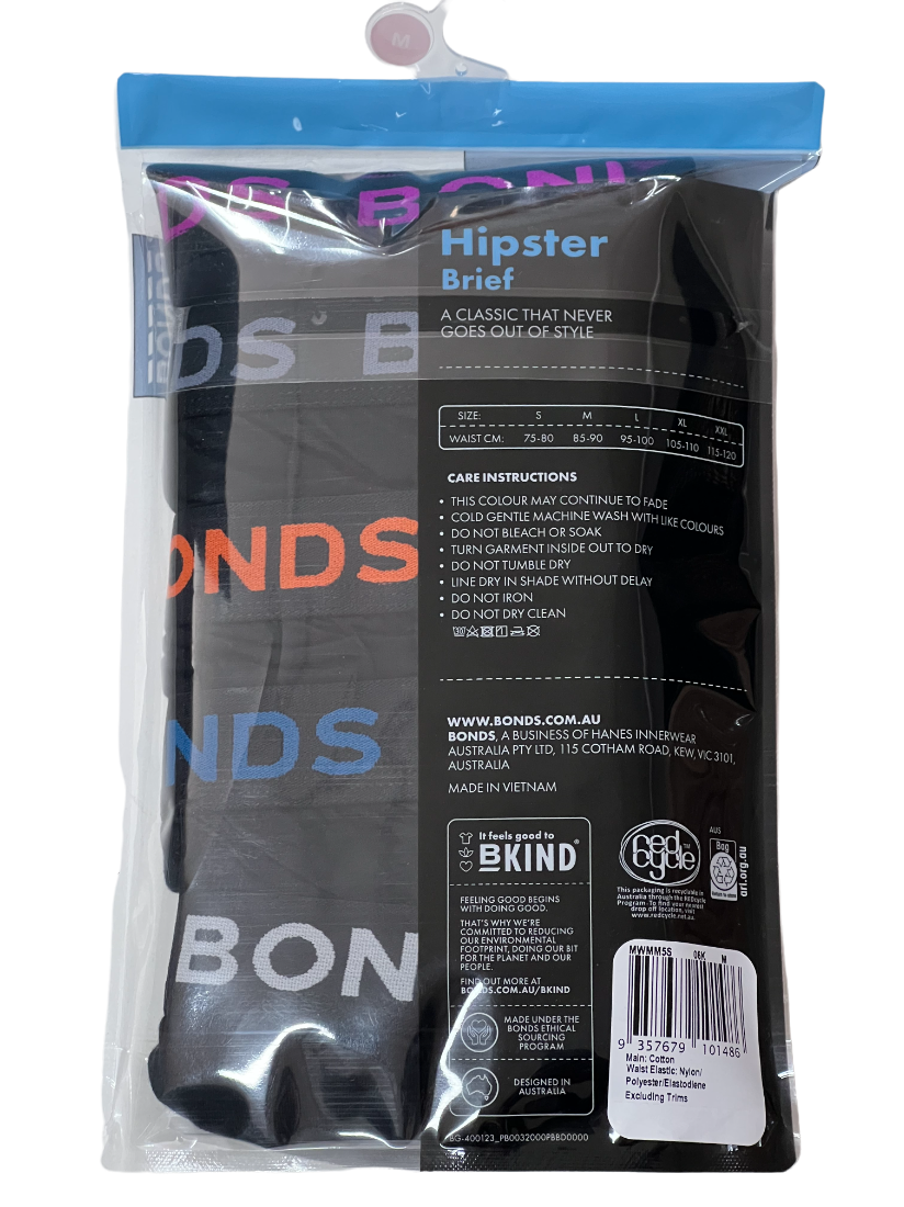 10 Pack Bonds Men's Black Hipster Briefs.