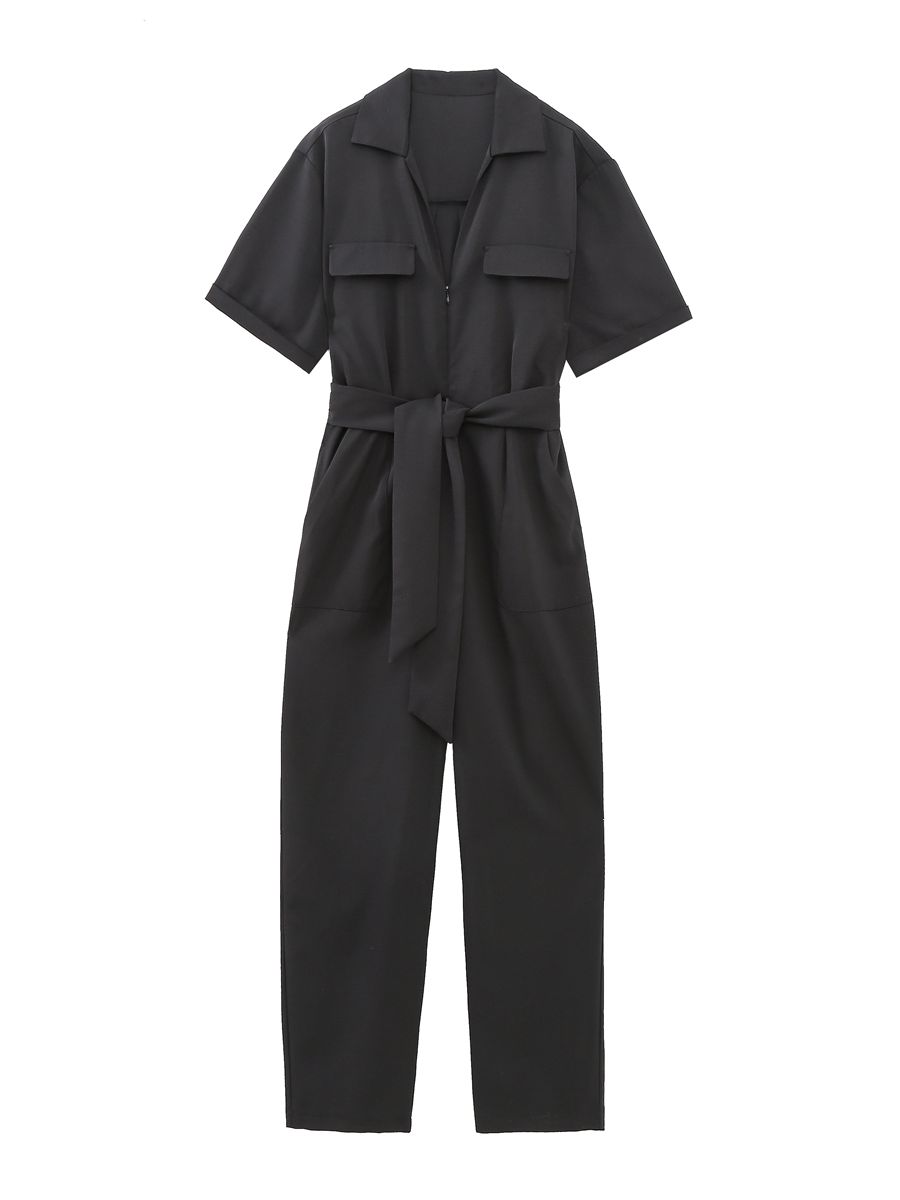 2023 Women's Fashion Zipper Jumpsuit with Belt - Vintage Short-Sleeve Pocket Female Chic Jumpsuit