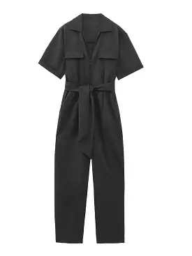 2023 Women's Fashion Zipper Jumpsuit with Belt - Vintage Short-Sleeve Pocket Female Chic Jumpsuit