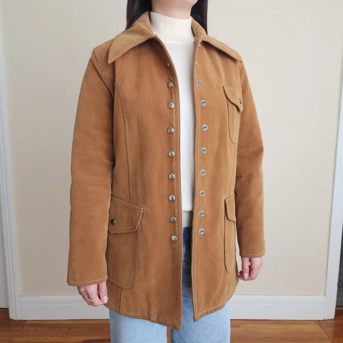 1970s Classic Tan Suede Jacket Coat - Google SEO Result: Vintage 70s Tan Suede Coat Jacket