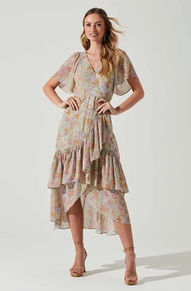 Adella Midi Dress Flutter Sleeve Ruffle Floral