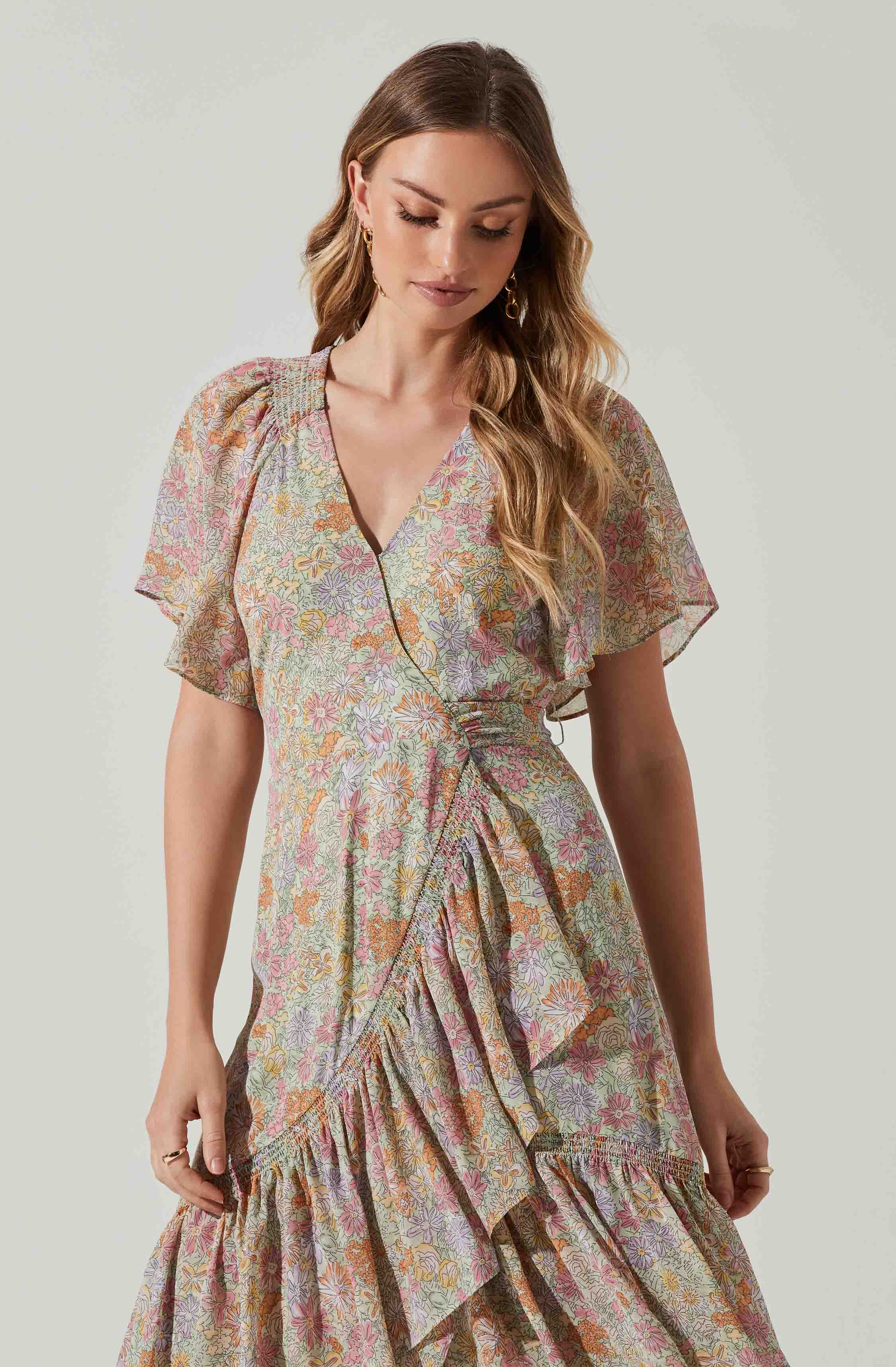 Adella Midi Dress Flutter Sleeve Ruffle Floral