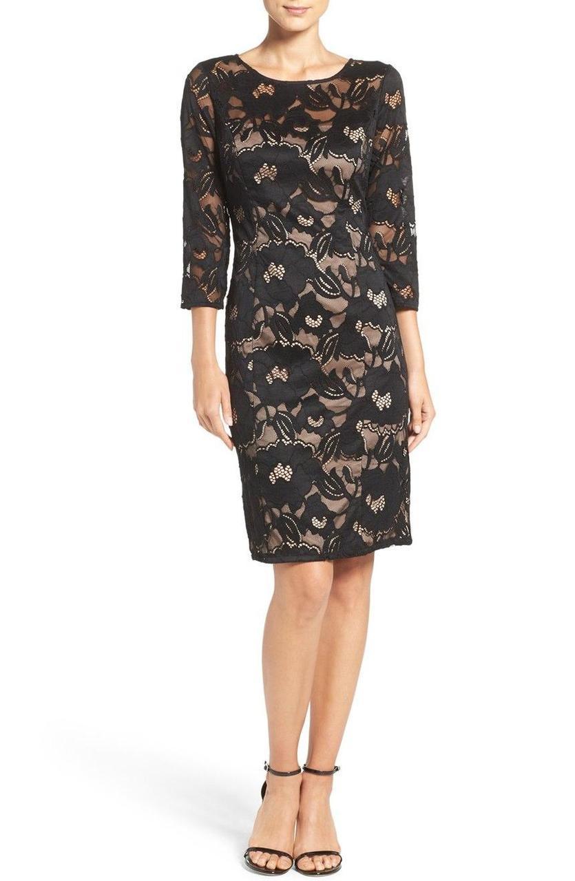 Adrianna Papell AP1D100050 Quarter Sleeve Floral Lace Illusion Dress - Black/Pale Pink - Size 8 Available