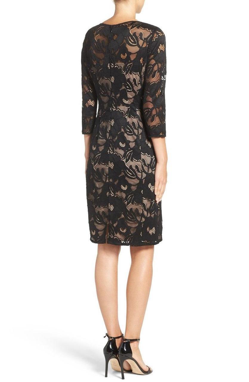 Adrianna Papell AP1D100050 Quarter Sleeve Floral Lace Illusion Dress - Black/Pale Pink - Size 8 Available