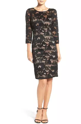 Adrianna Papell AP1D100050 Quarter Sleeve Floral Lace Illusion Dress - Black/Pale Pink - Size 8 Available