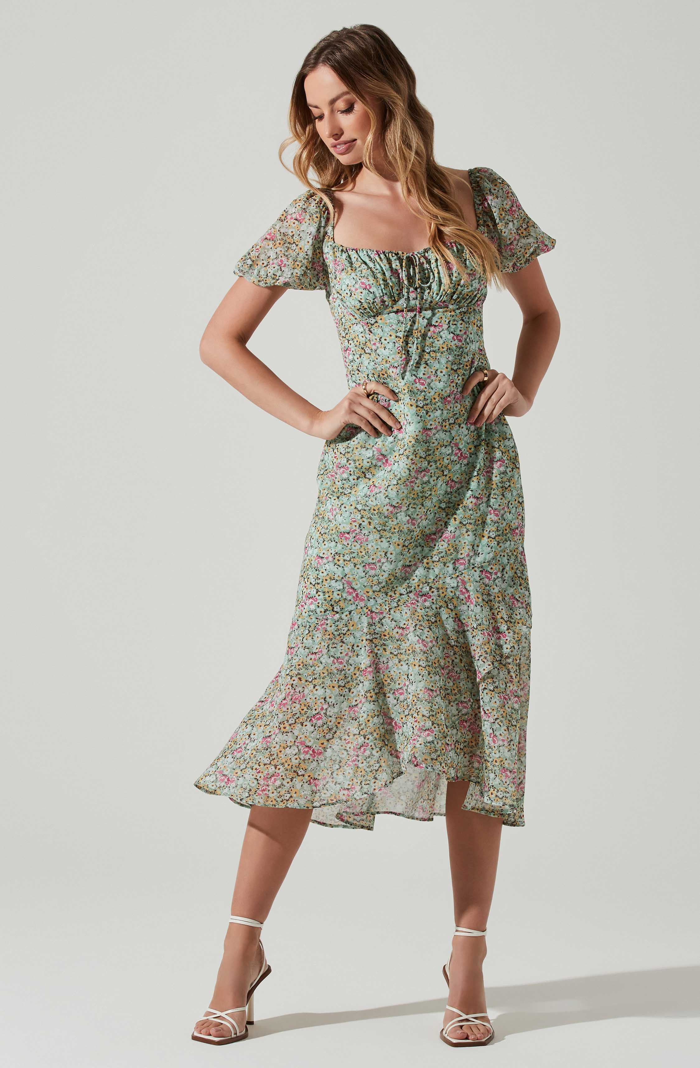 Aida Floral Midi Dress with Puff Sleeves