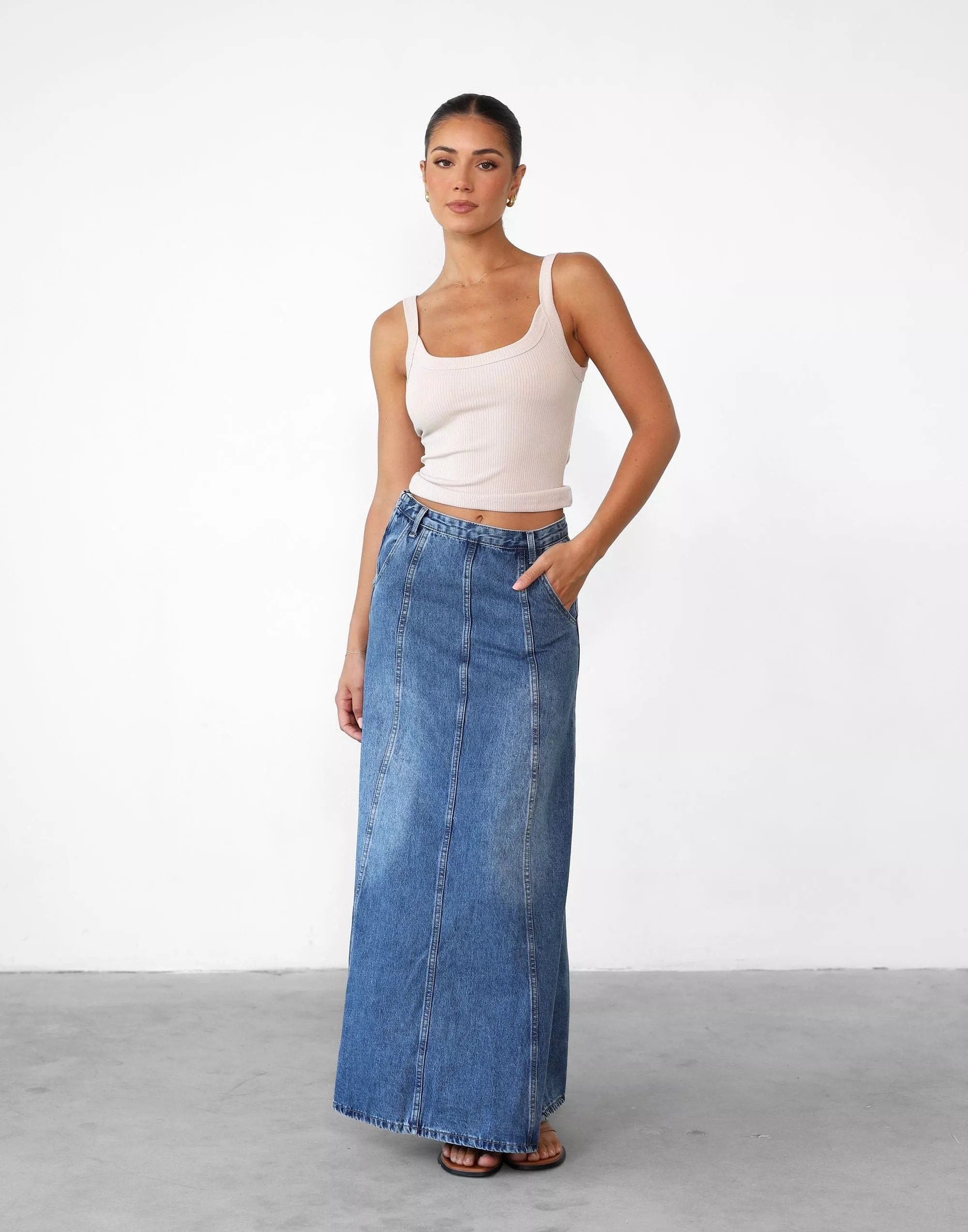 Akara Blue Denim Maxi Skirt