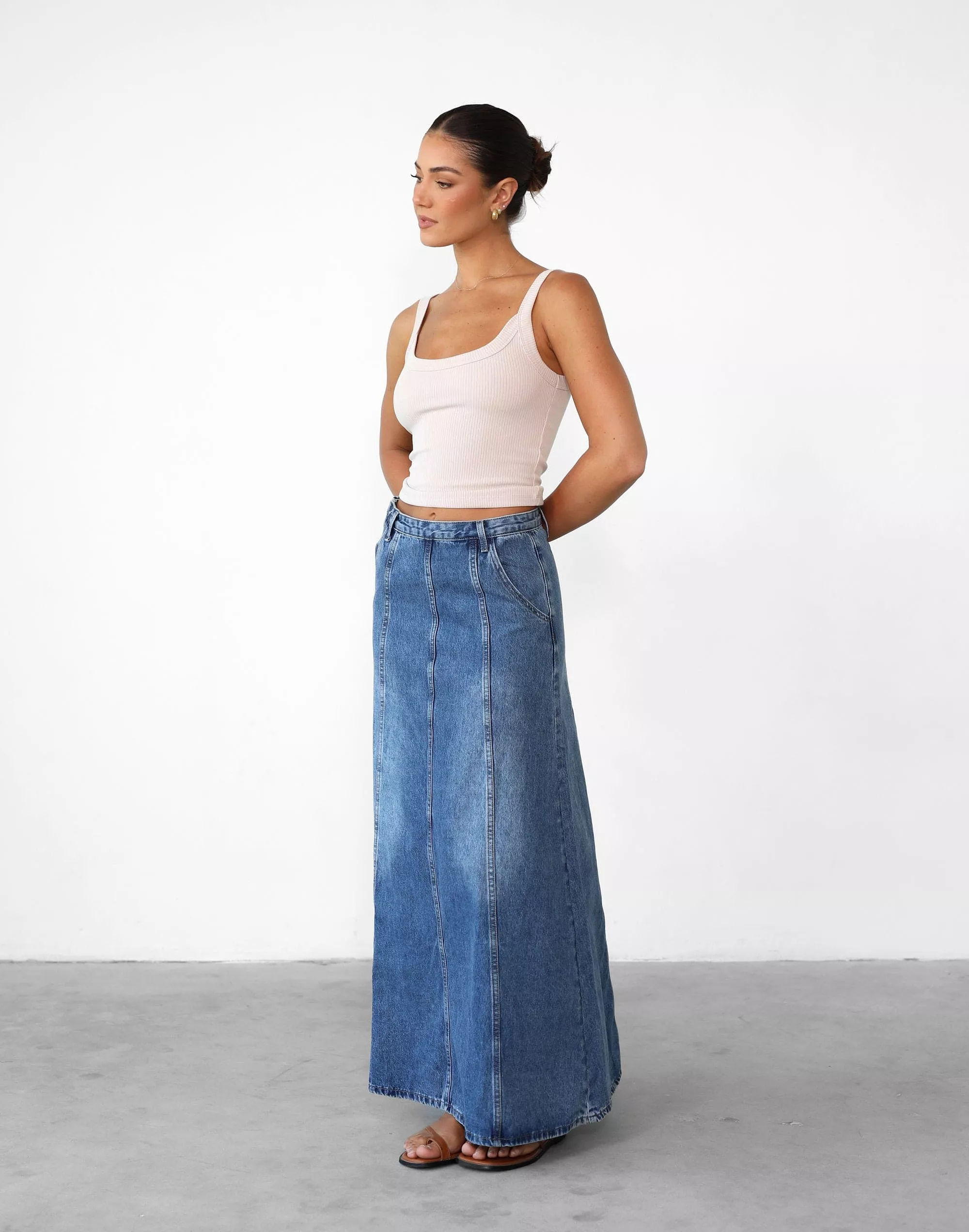 Akara Blue Denim Maxi Skirt