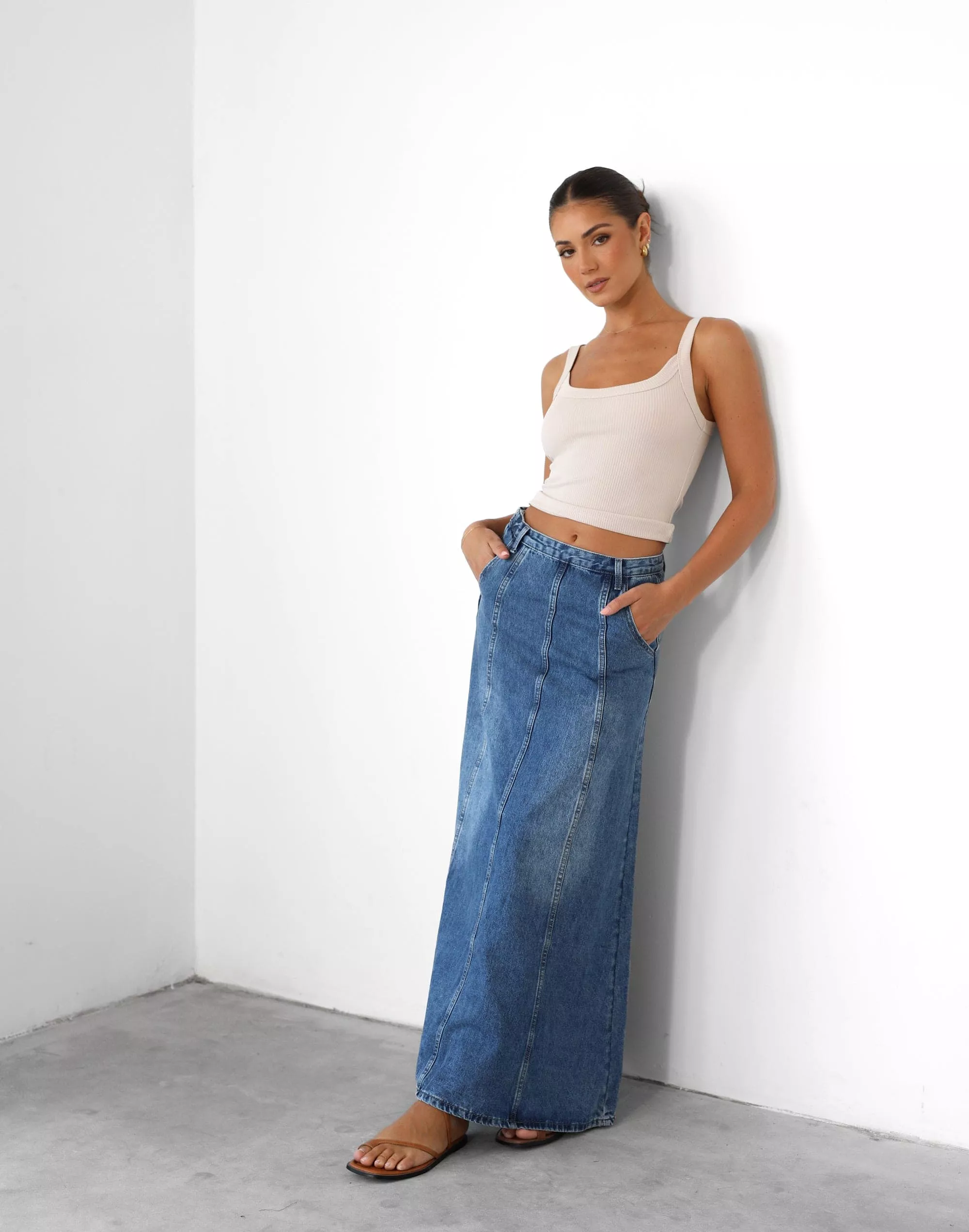 Akara Blue Denim Maxi Skirt