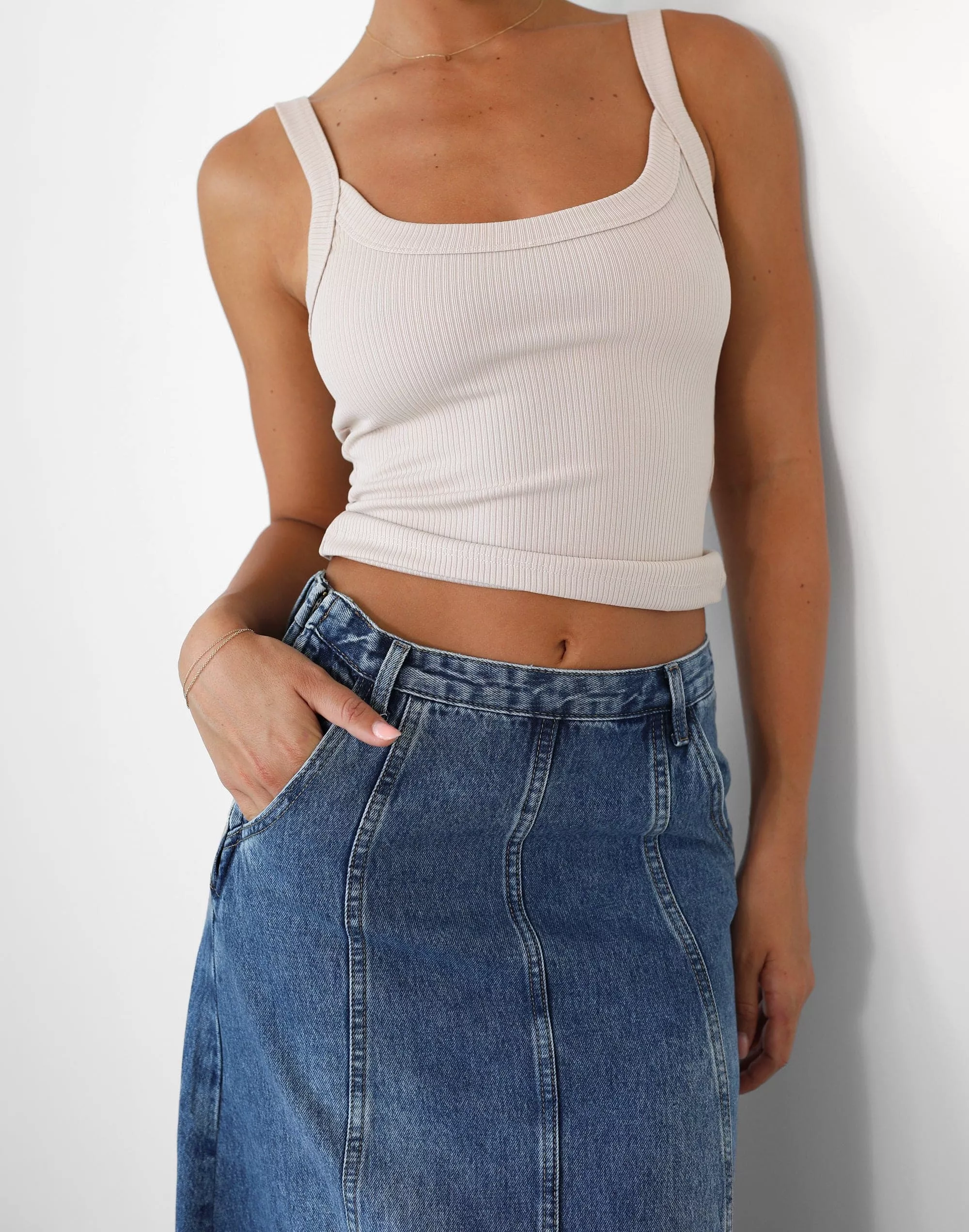 Akara Blue Denim Maxi Skirt