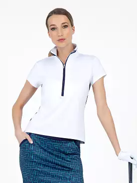 Amelia Short Sleeve Quarter Zip Top in White and Ink