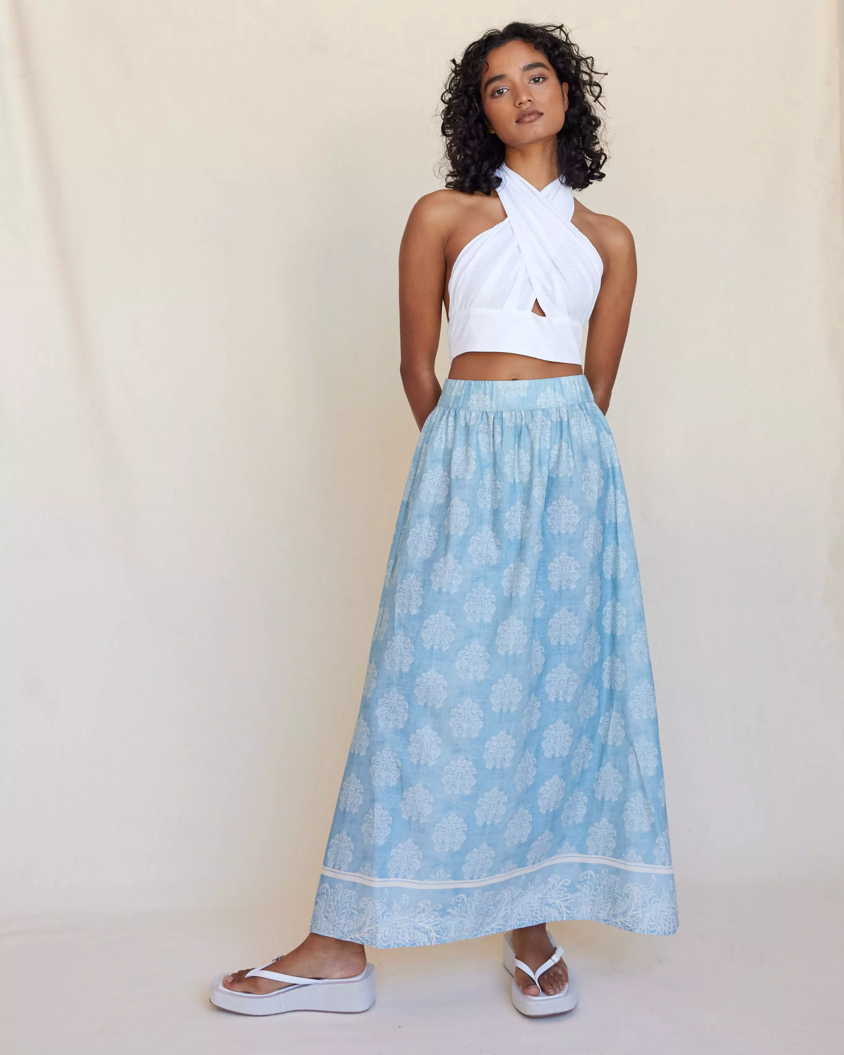 Anjali Linen Maxi Skirt: Natural fabric, long length, comfortable fit.