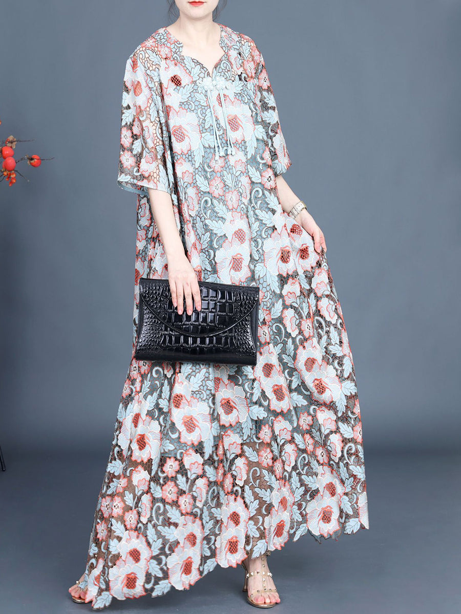 Artsy Summer Lace Floral Maxi Dress for Women KL1051