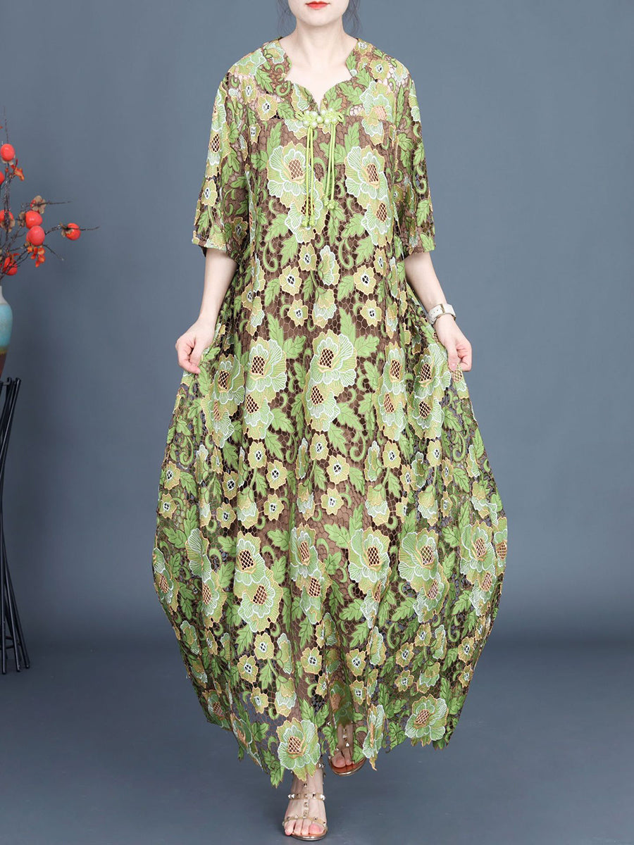 Artsy Summer Lace Floral Maxi Dress for Women KL1051