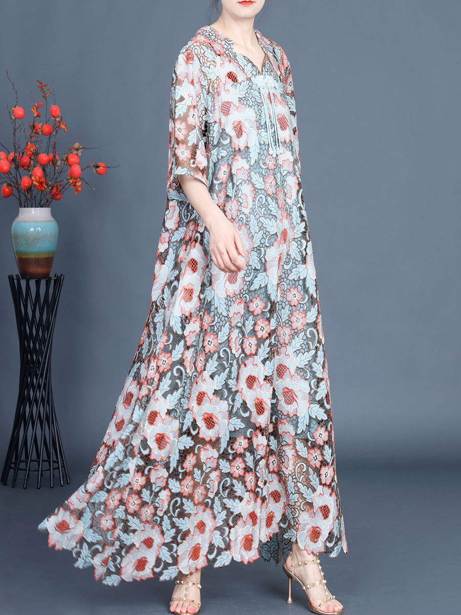 Artsy Summer Lace Floral Maxi Dress for Women KL1051