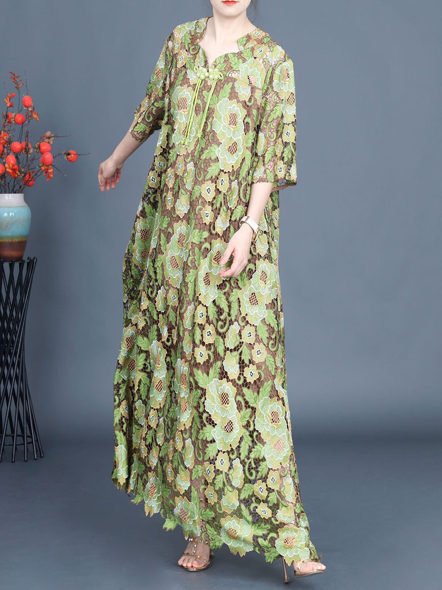 Artsy Summer Lace Floral Maxi Dress for Women KL1051