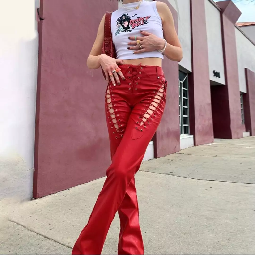 Ashore Shop Faux Leather Pants Cutout Straight Trousers