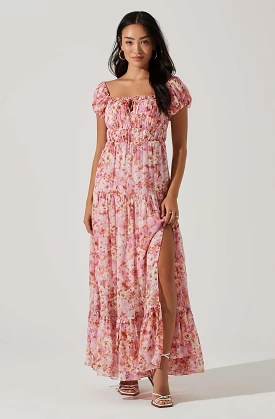 ASTR The Label ROSELINE OFF SHOULDER FLORAL MAXI DRESS - Pink Orange: Buy Now! Trendy Floral Maxi Dress in Pink Orange by ASTR T