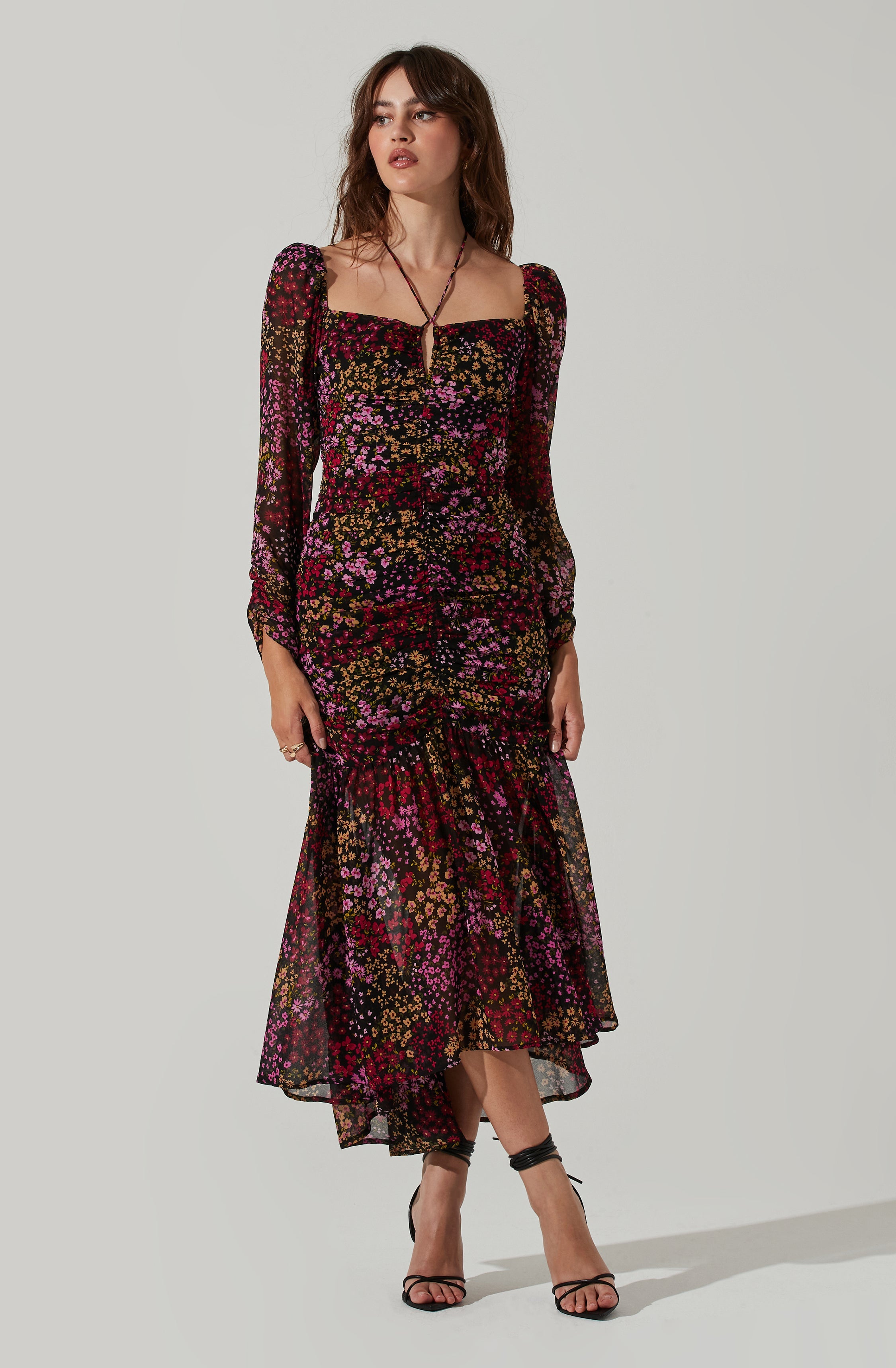 Athena Floral Ruched Long Sleeve Midi Dress - Top search result