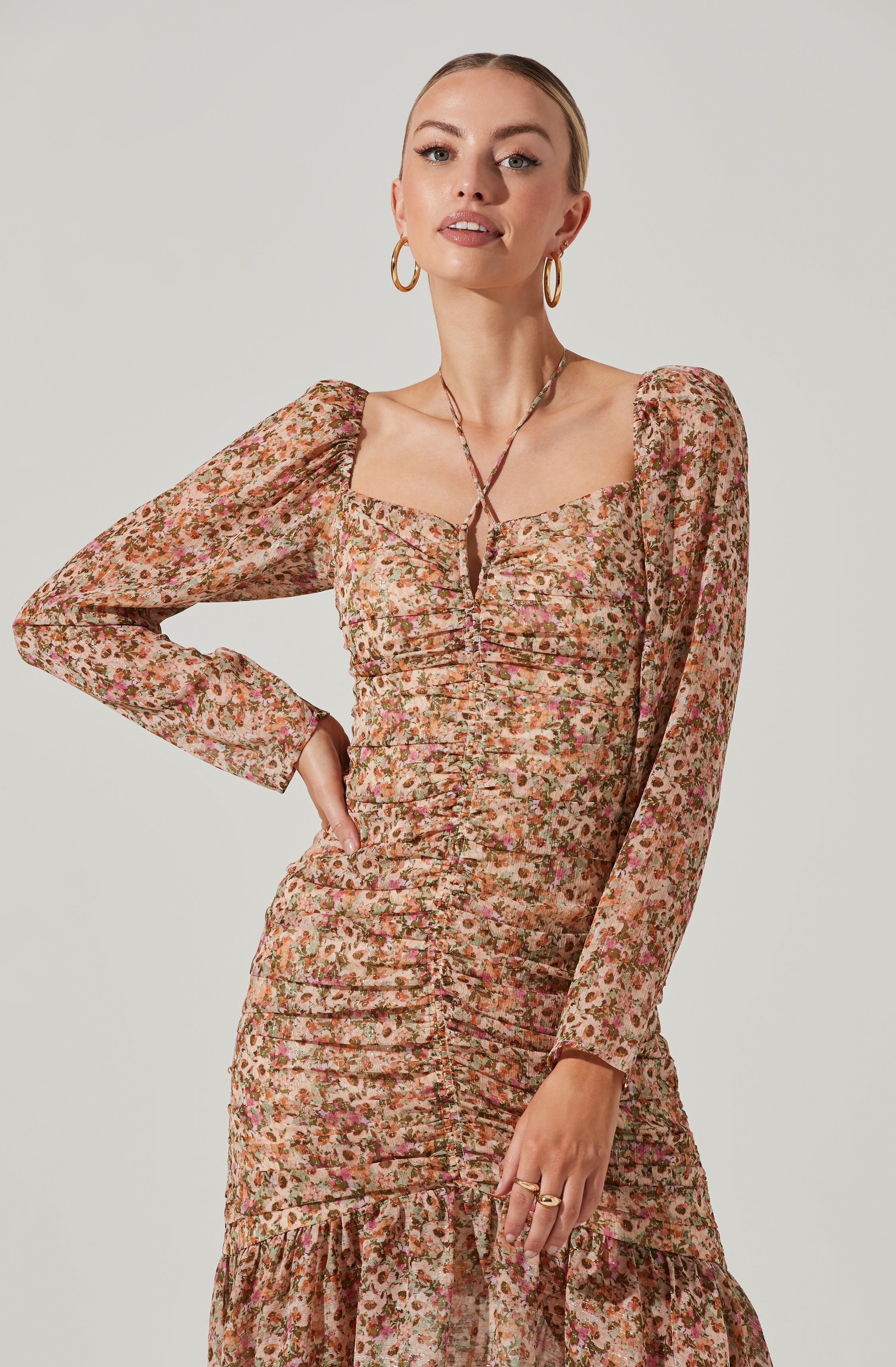 Athena Floral Ruched Long Sleeve Midi Dress - Top search result