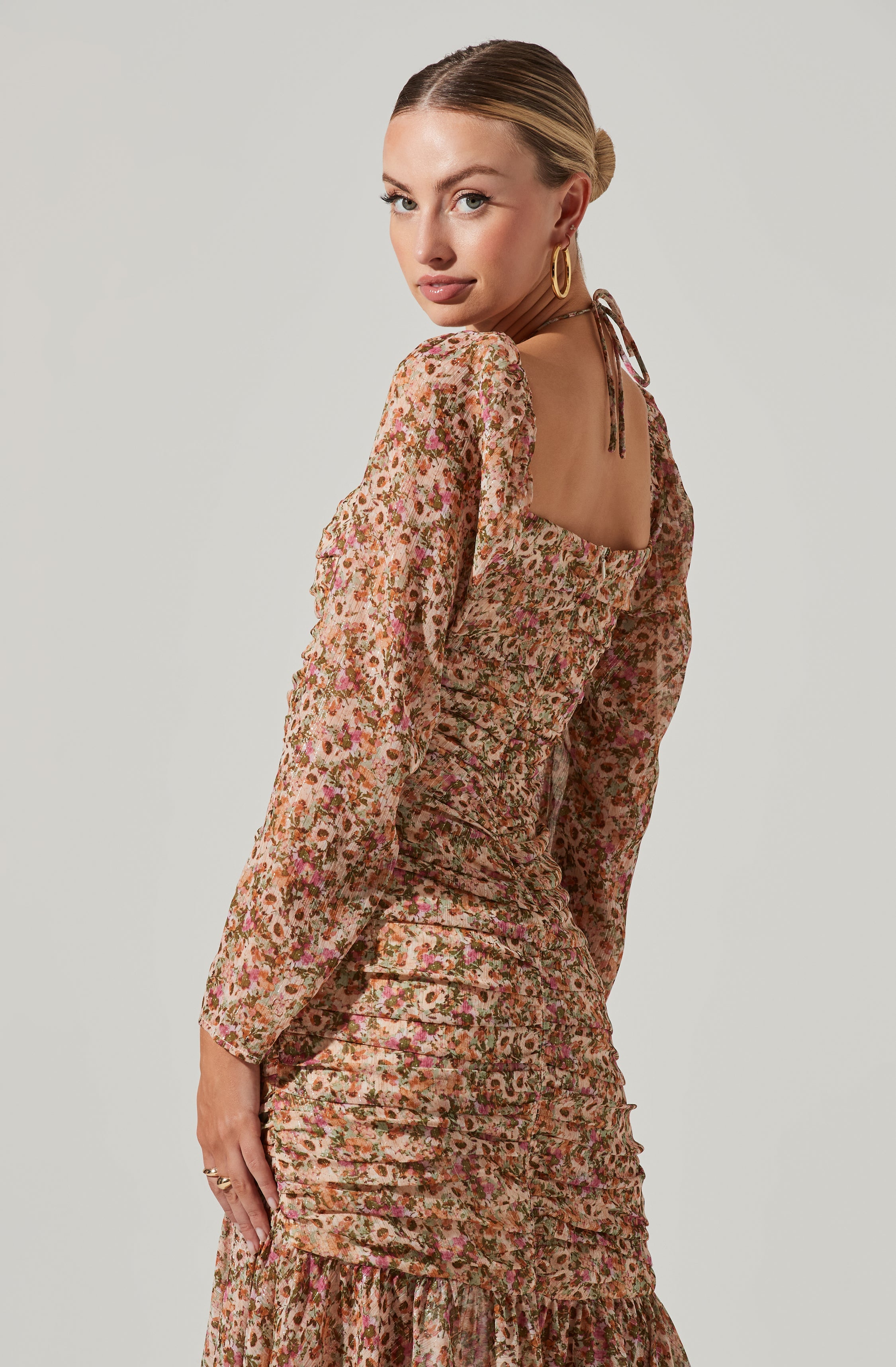 Athena Floral Ruched Long Sleeve Midi Dress - Top search result