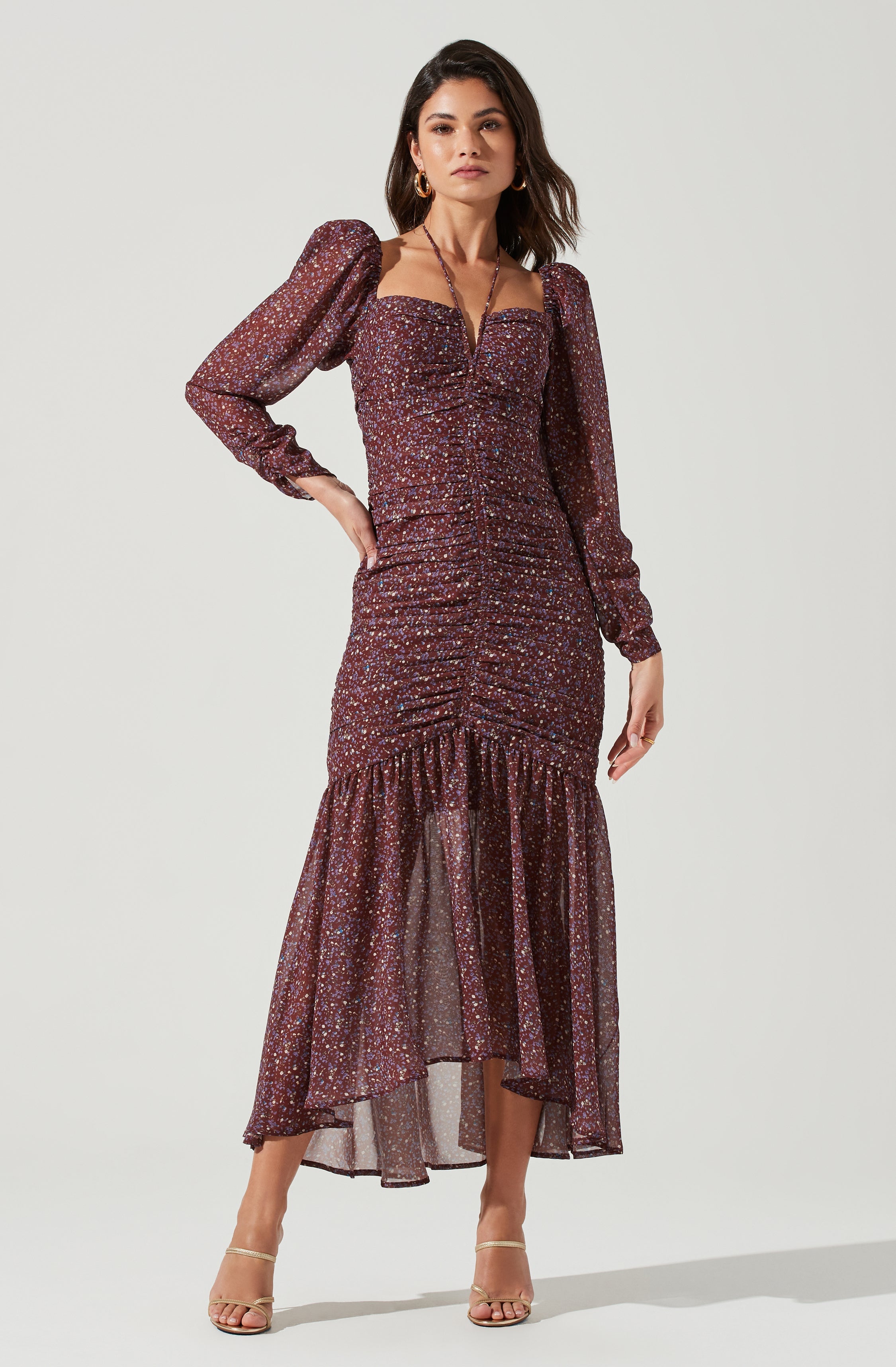 Athena Floral Ruched Long Sleeve Midi Dress - Top search result