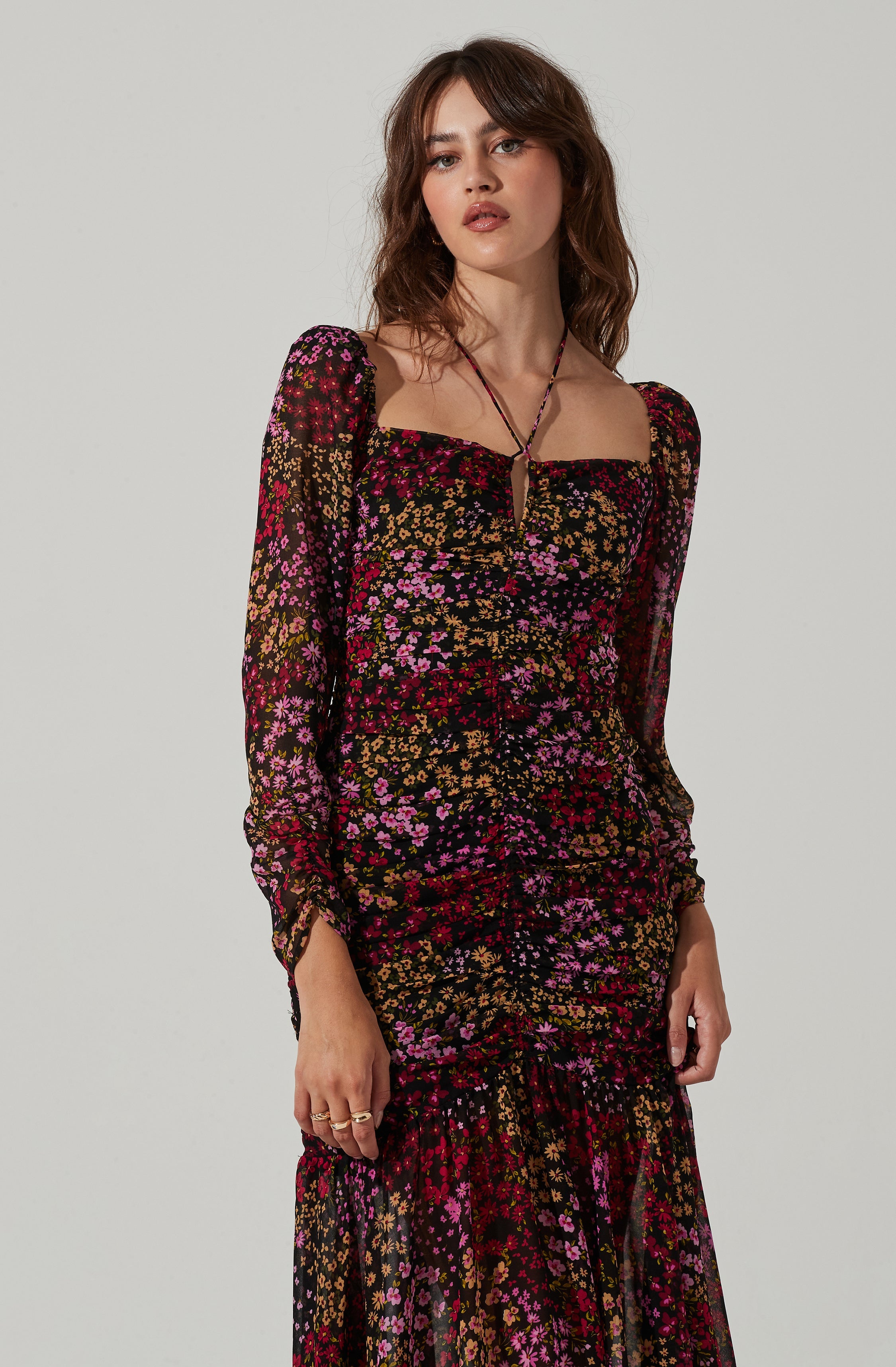 Athena Floral Ruched Long Sleeve Midi Dress - Top search result