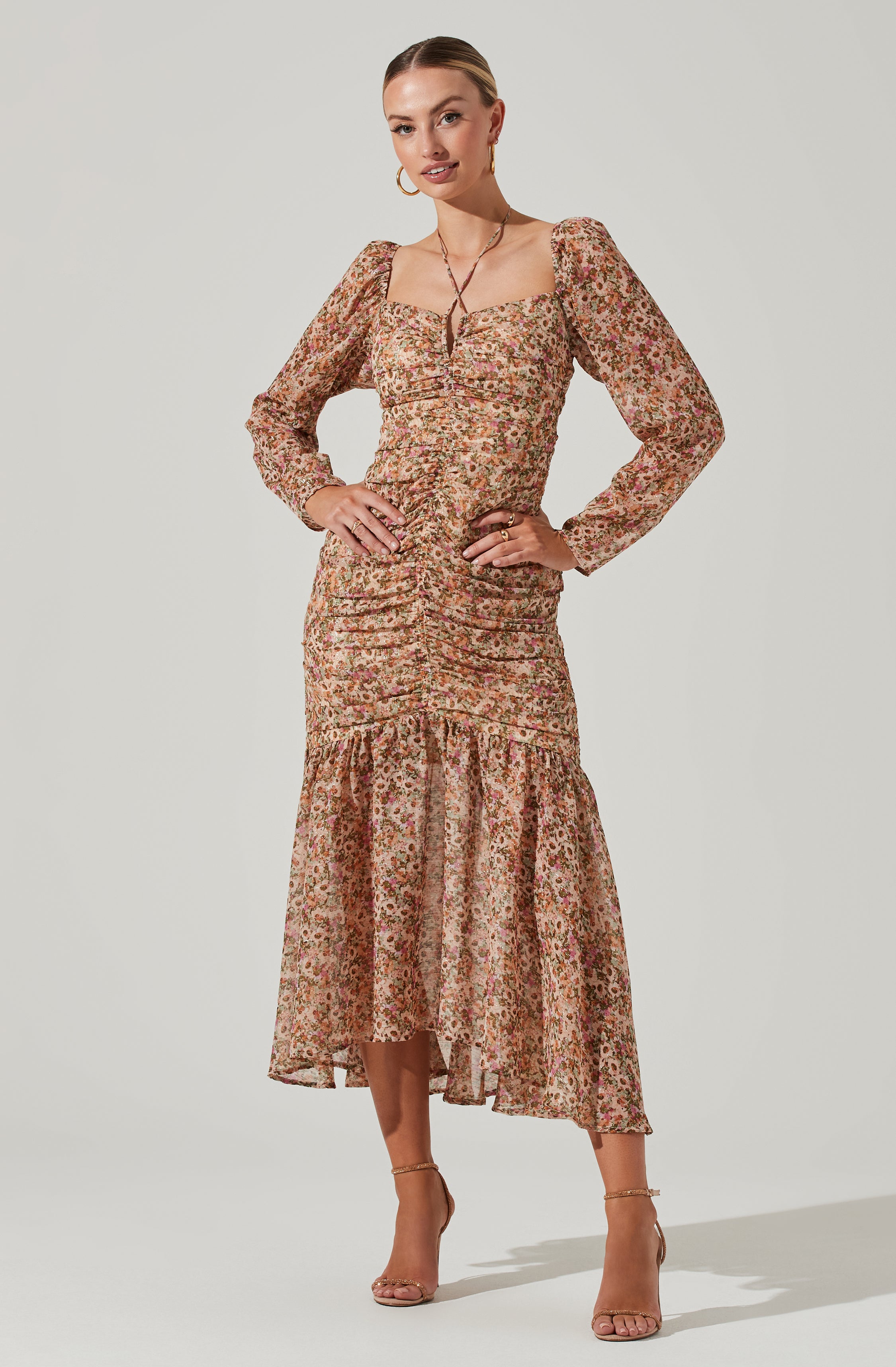 Athena Floral Ruched Long Sleeve Midi Dress - Top search result