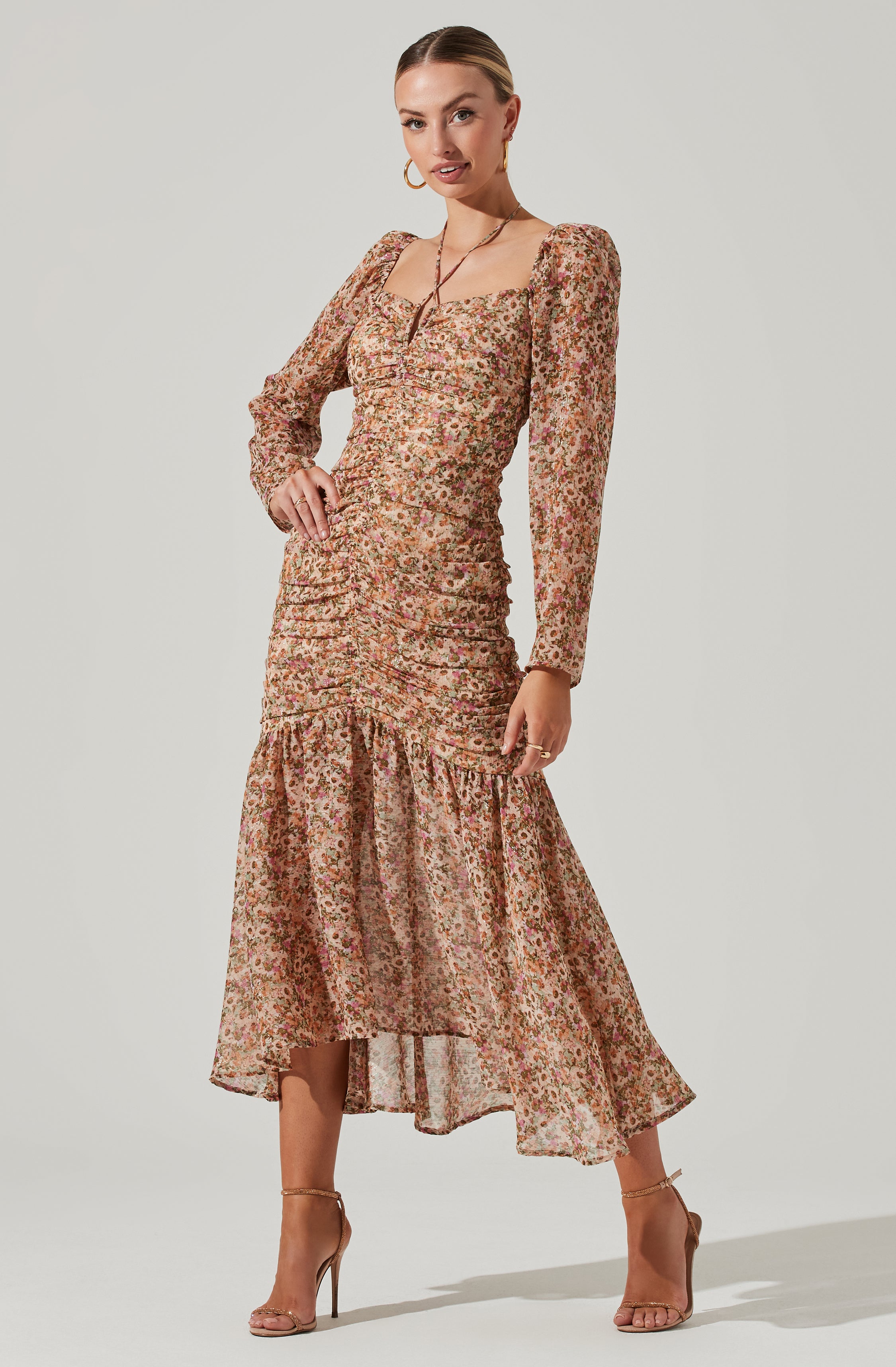 Athena Floral Ruched Long Sleeve Midi Dress - Top search result