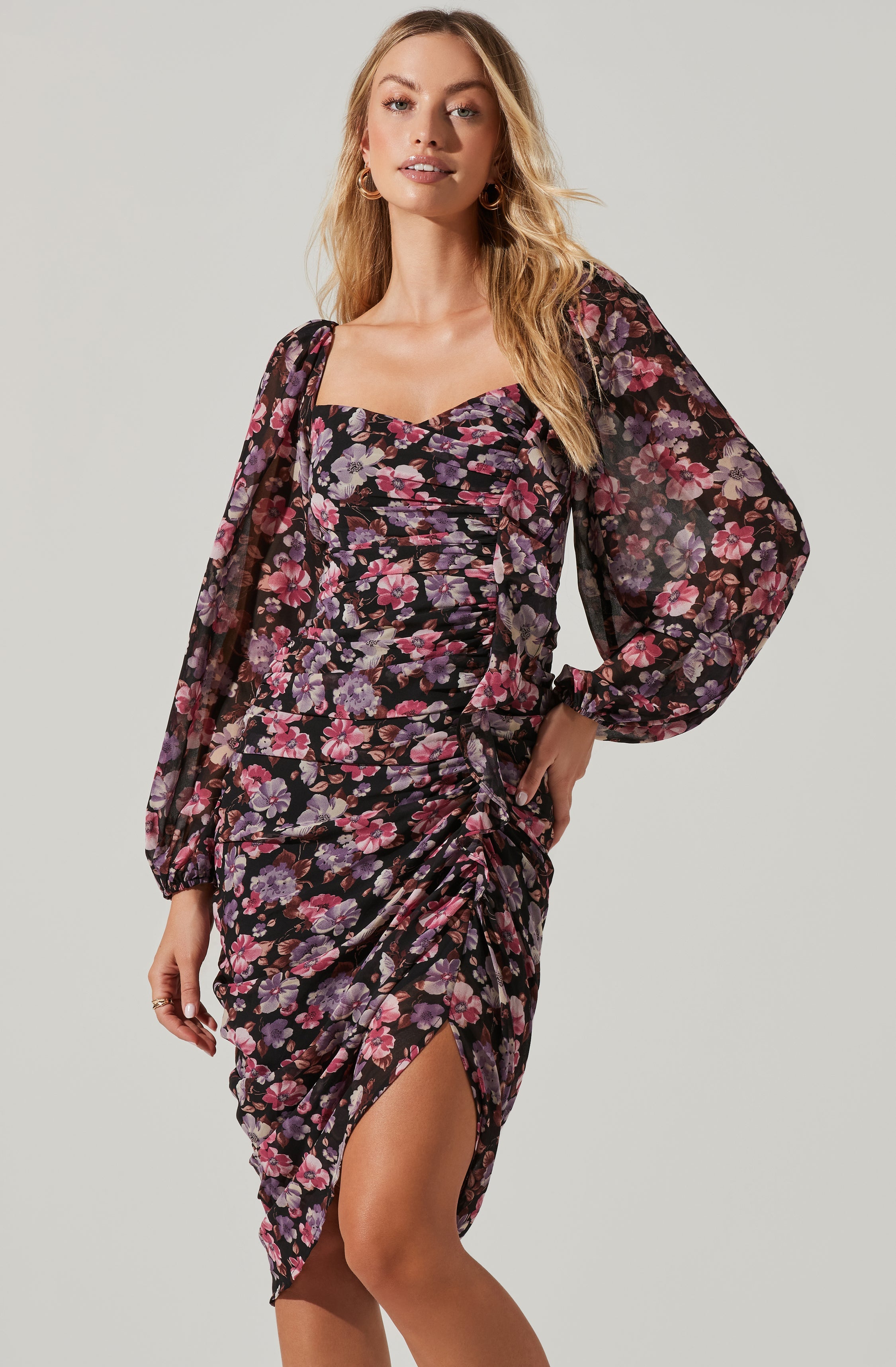 Athens Flower Ruched Midi Dress