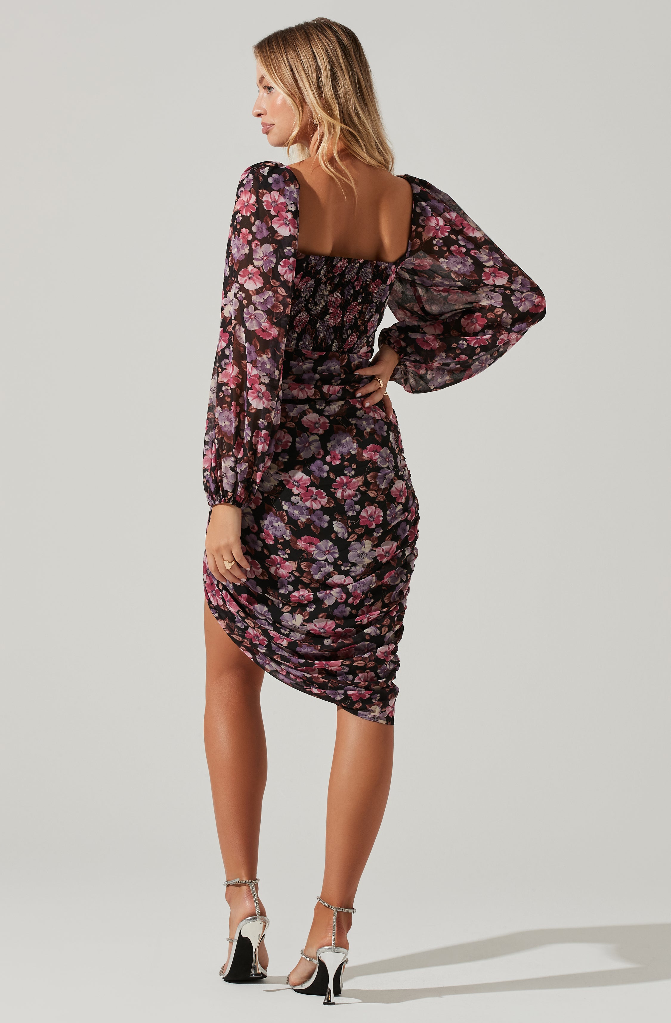 Athens Flower Ruched Midi Dress