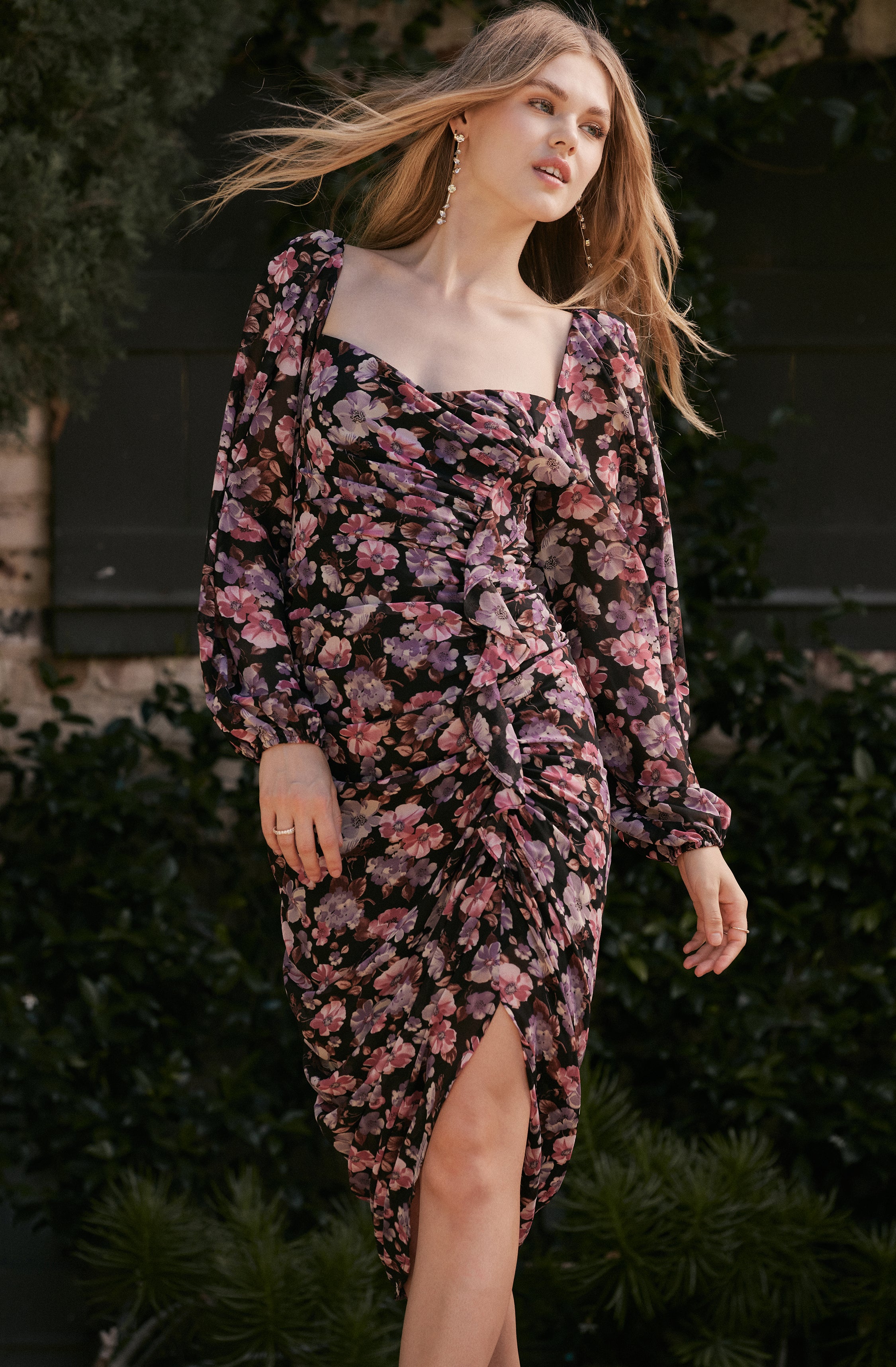 Athens Flower Ruched Midi Dress