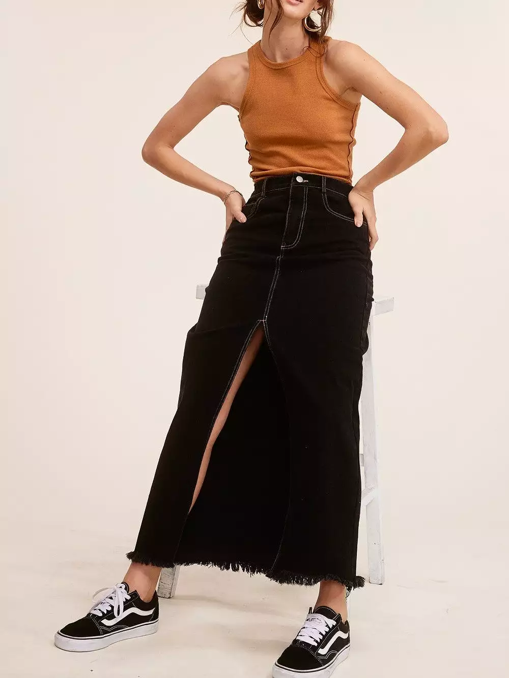 Belle Denim Maxi Skirt with Front Split - $27