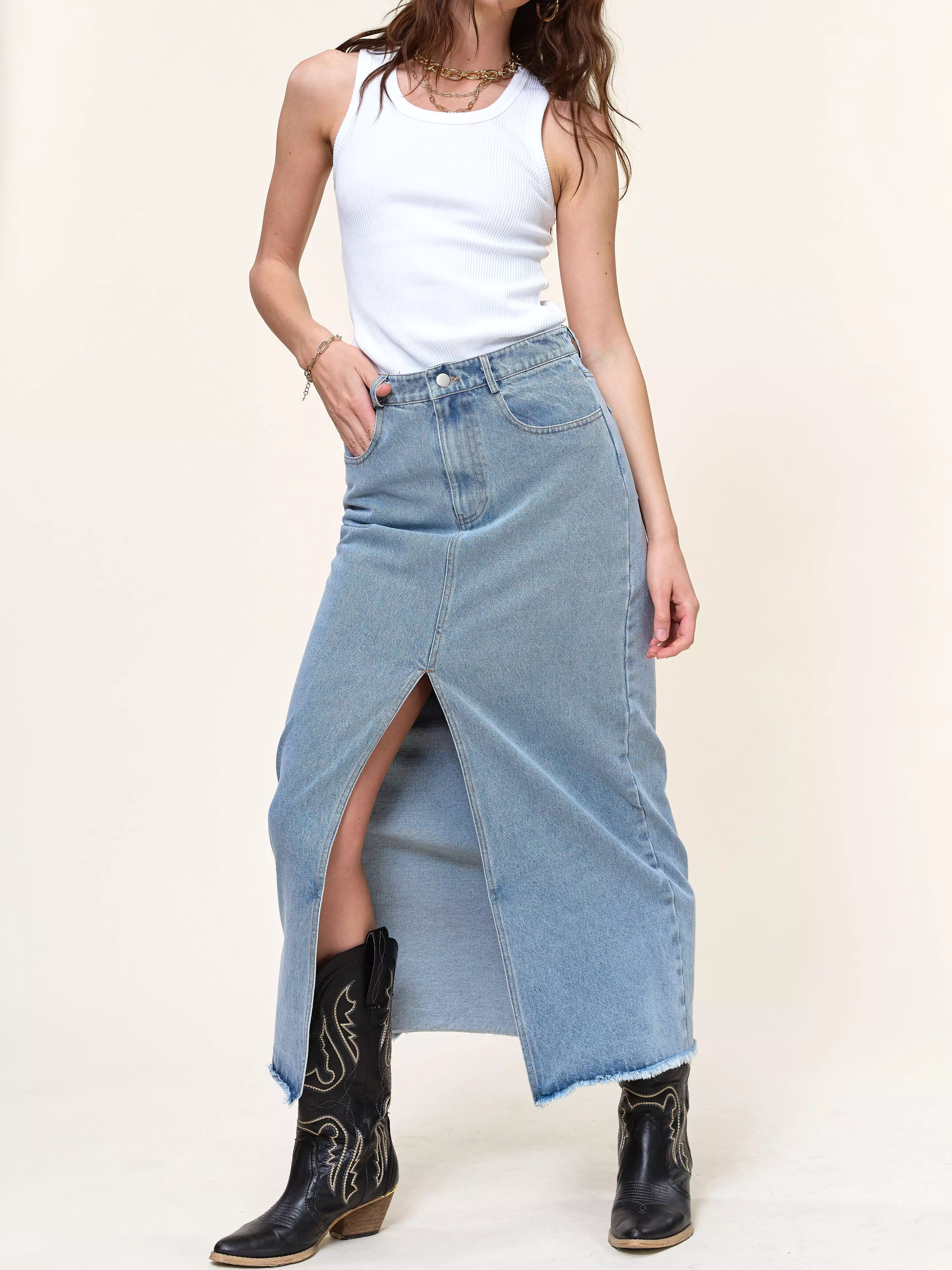 Belle Denim Maxi Skirt with Front Split - $27