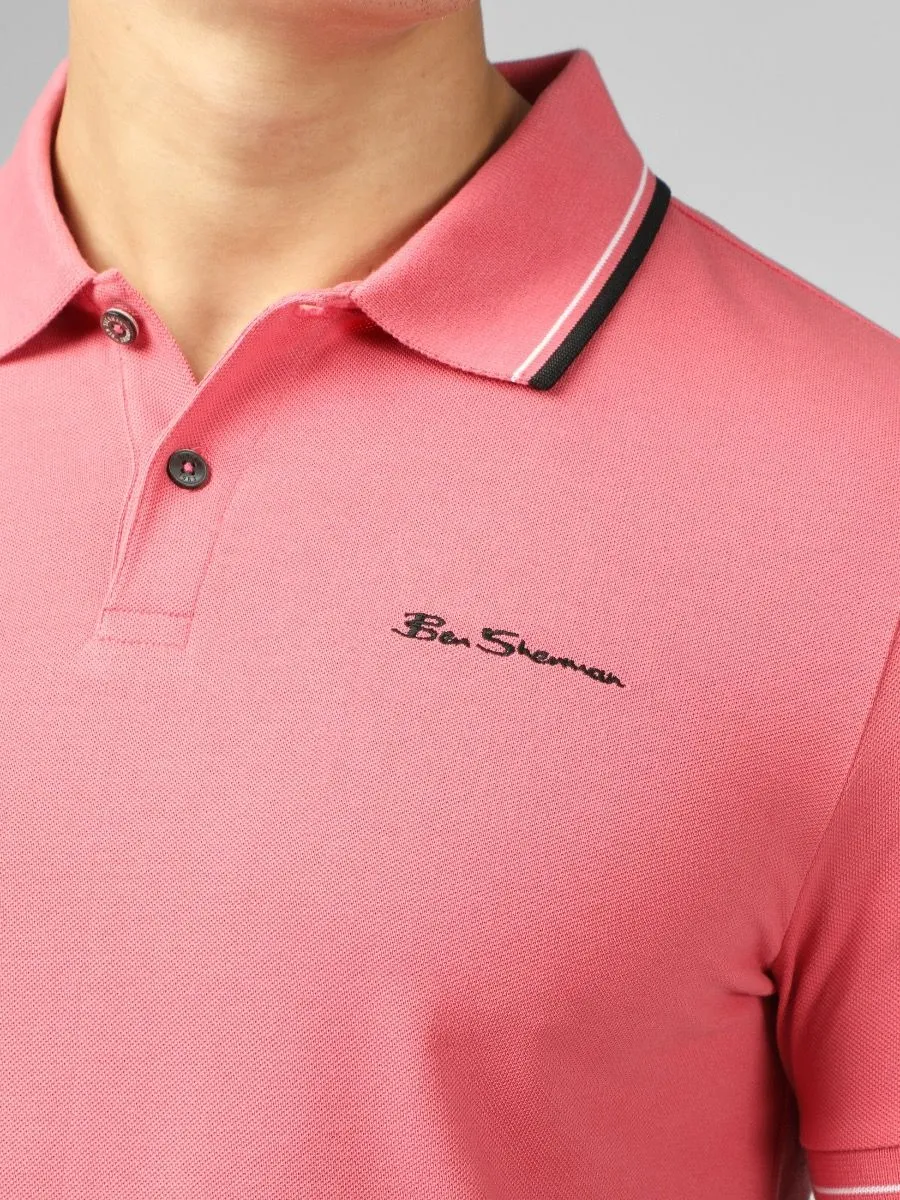 Dark Pink Ben Sherman Casual Polo Shirt with Short Sleeves