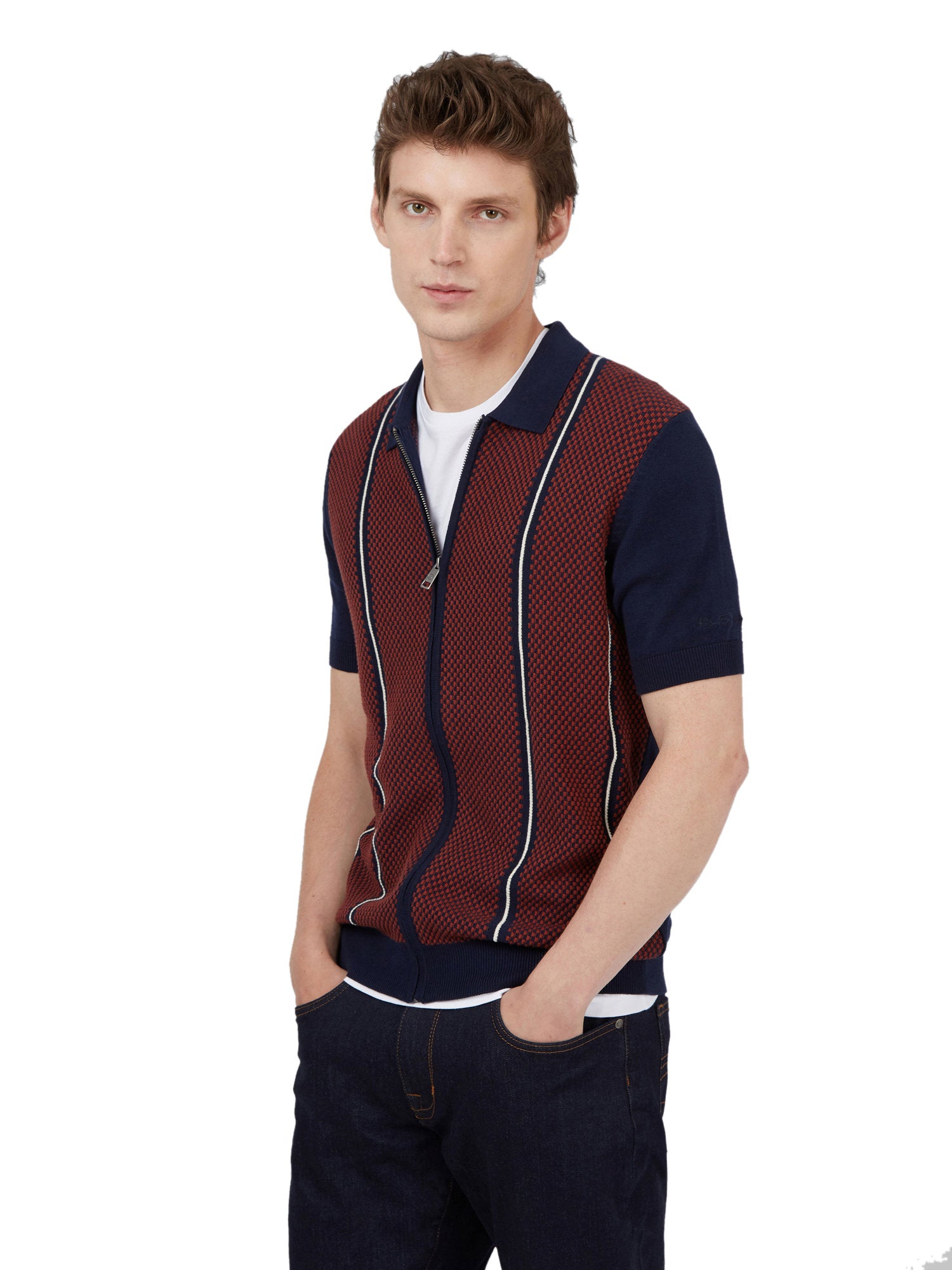 Ben Sherman Men's Knit Zip Polo Shirt with Jacquard Pattern