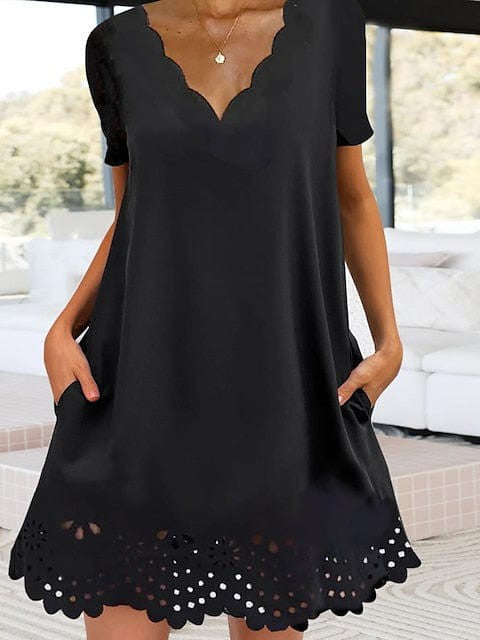 Black Mini Dress with Short Sleeves and Scalloped Neck for Women