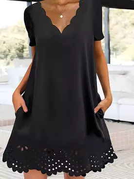 Black Mini Dress with Short Sleeves and Scalloped Neck for Women