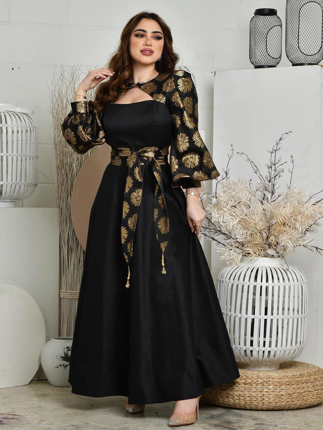 Black Sleeve Evening Dress Women Size L - B-59585