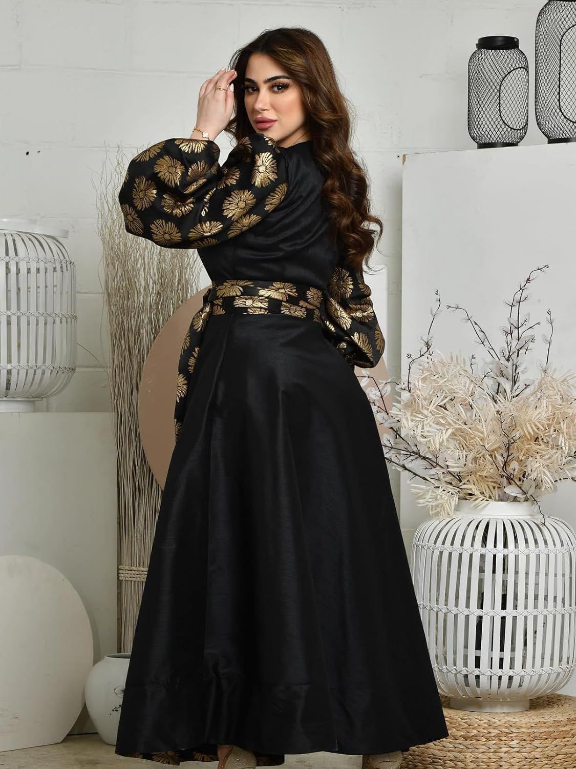 Black Sleeve Evening Dress Women Size L - B-59585