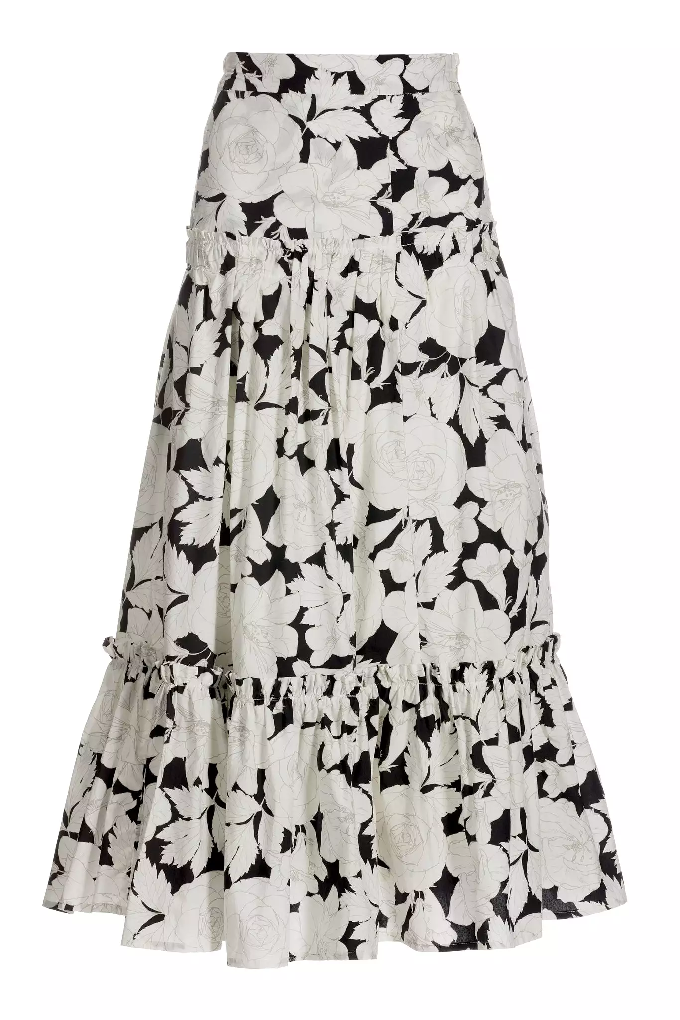 Black White Floral Print Midi Skirt