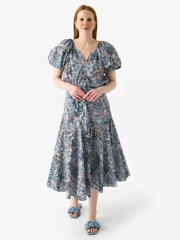 Blue Floral Midi Skirt - Never a Wallflower Prairie