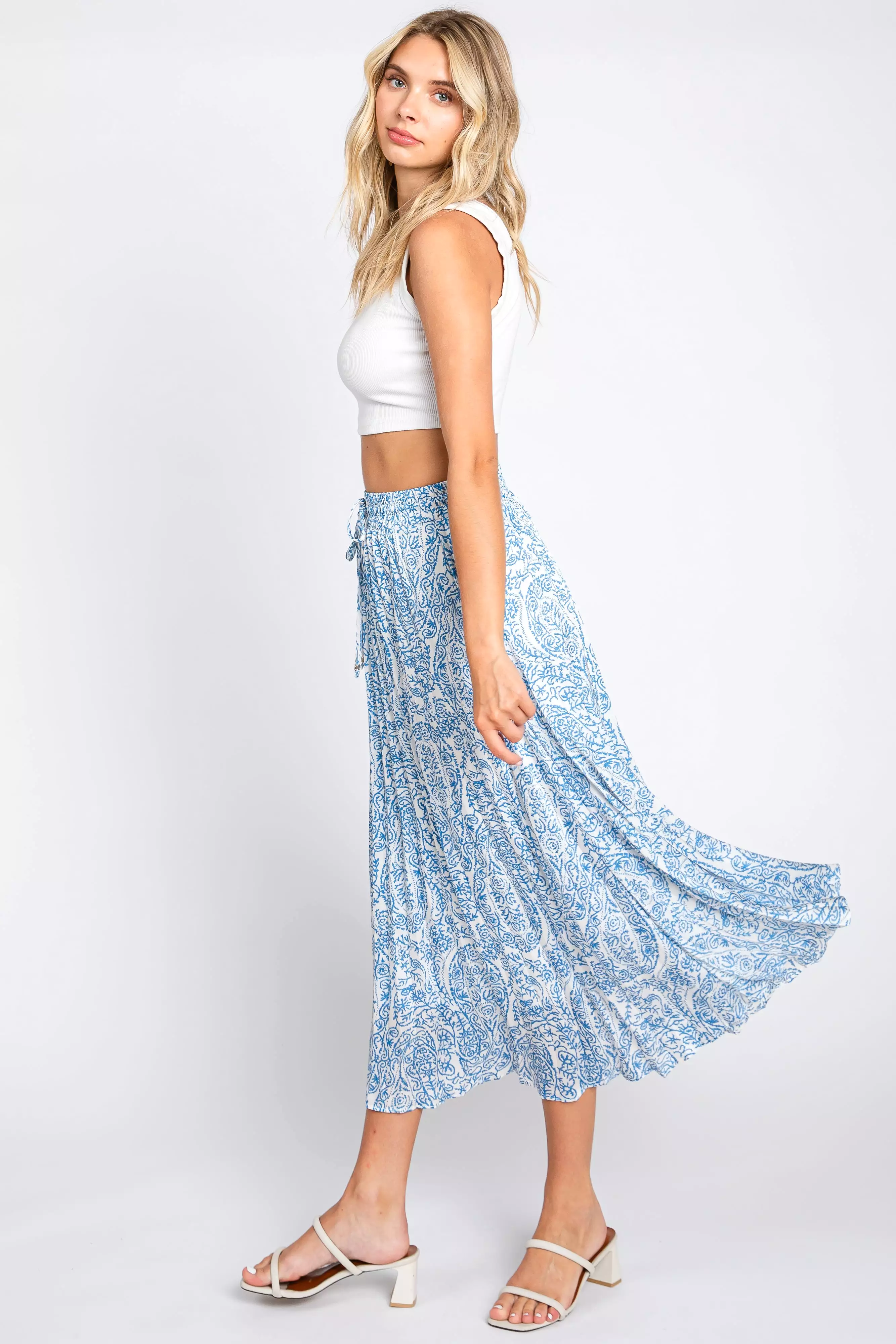 blue paisley pleated midi skirt