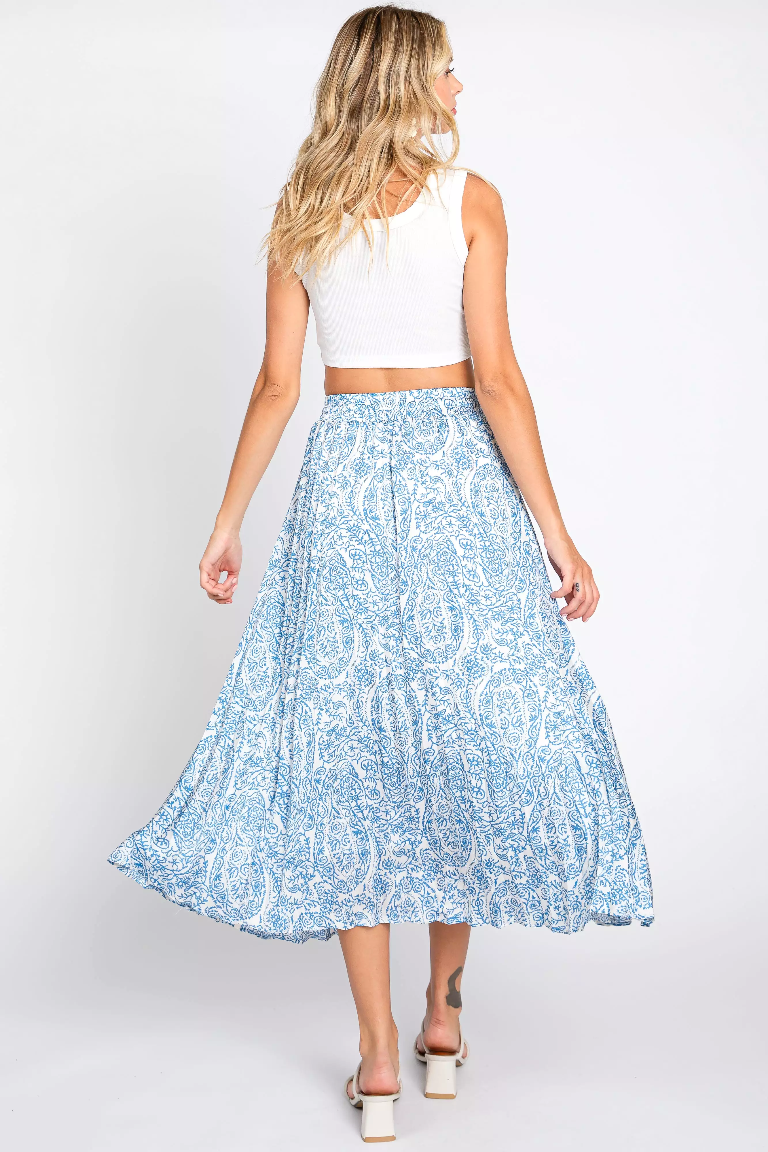 blue paisley pleated midi skirt