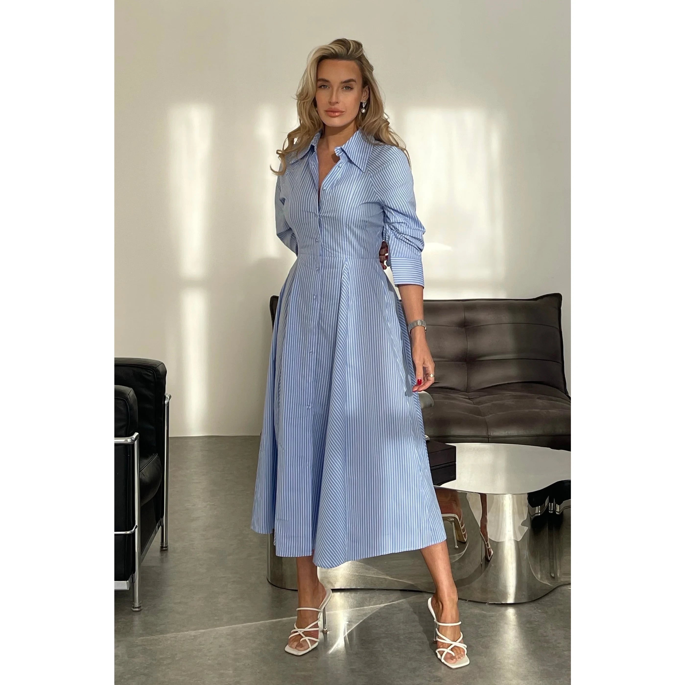 Blue pinstripe shirt dress