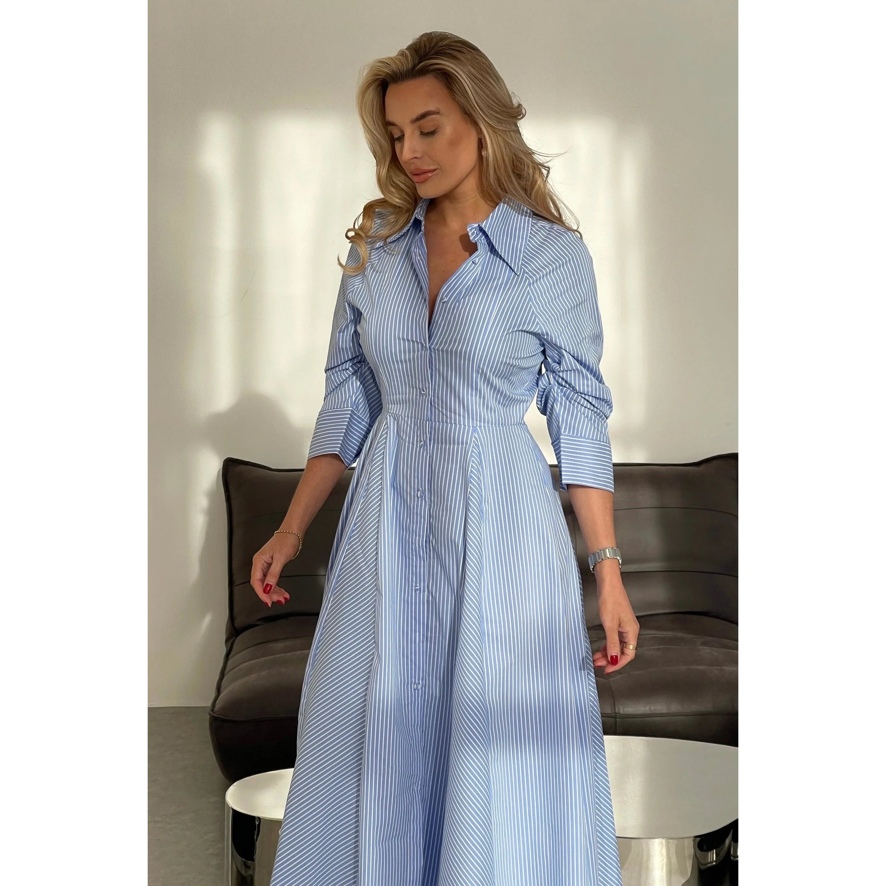 Blue pinstripe shirt dress