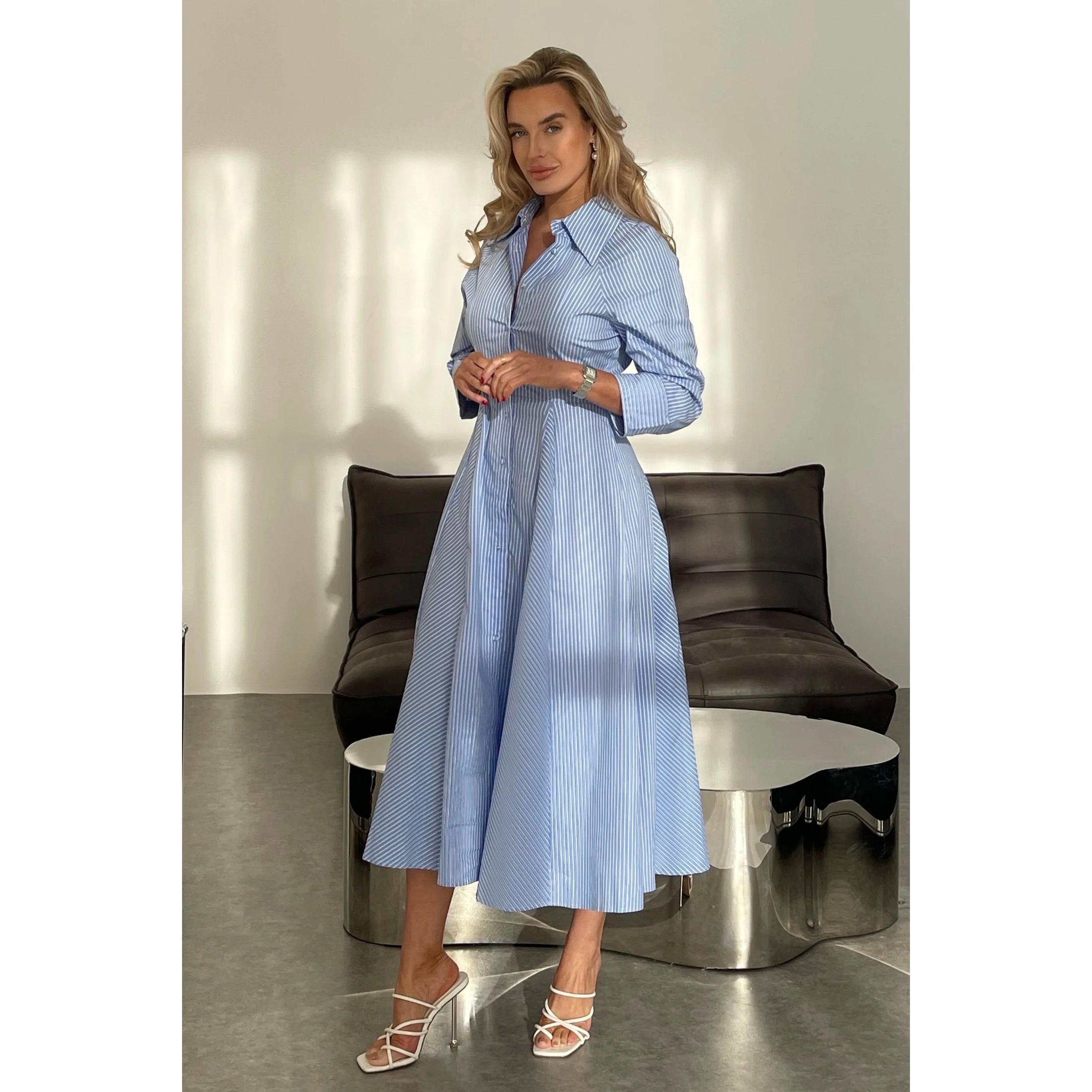 Blue pinstripe shirt dress