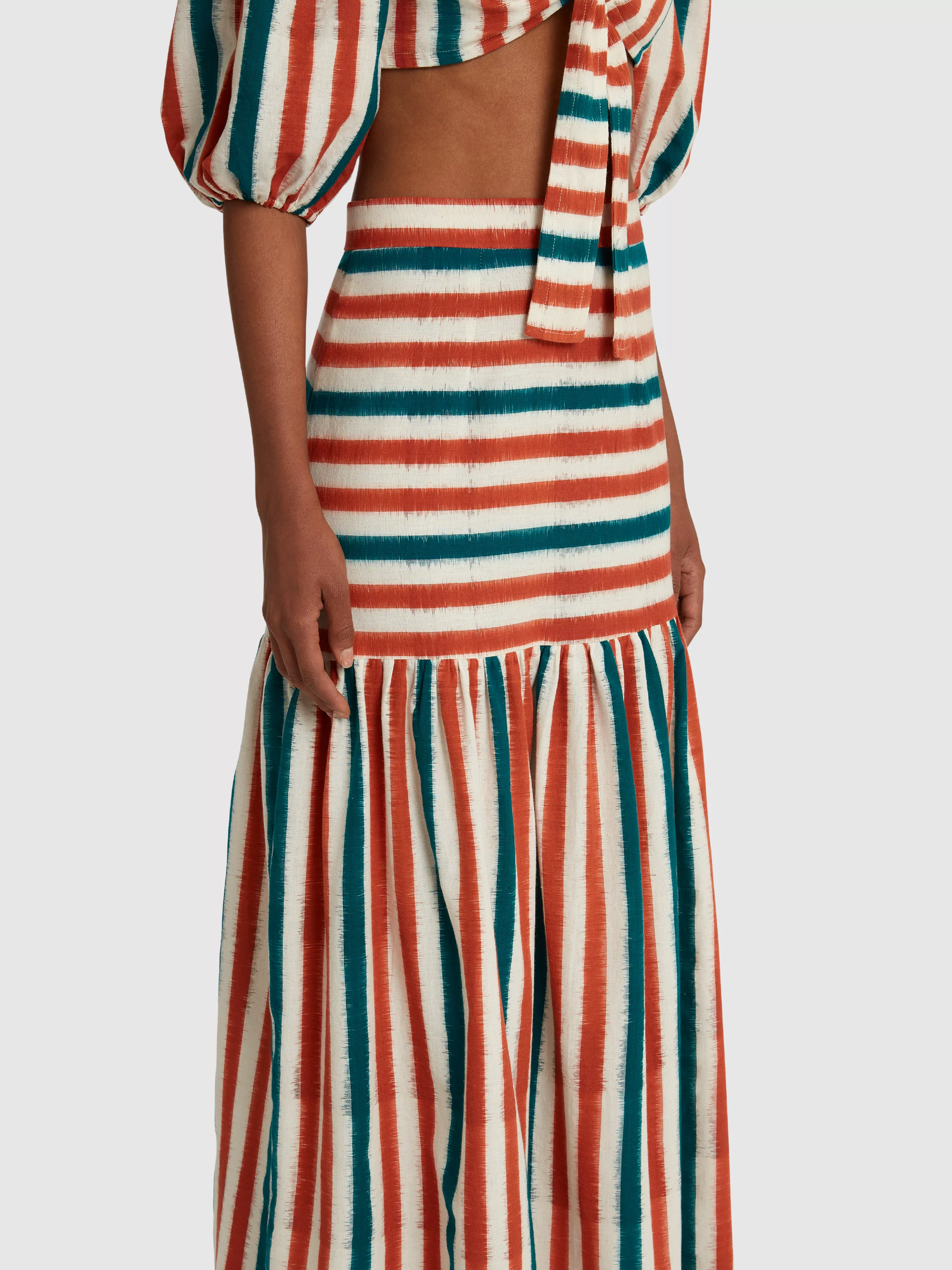 Brown Green Cornelia Ikat Striped Maxi Skirt.