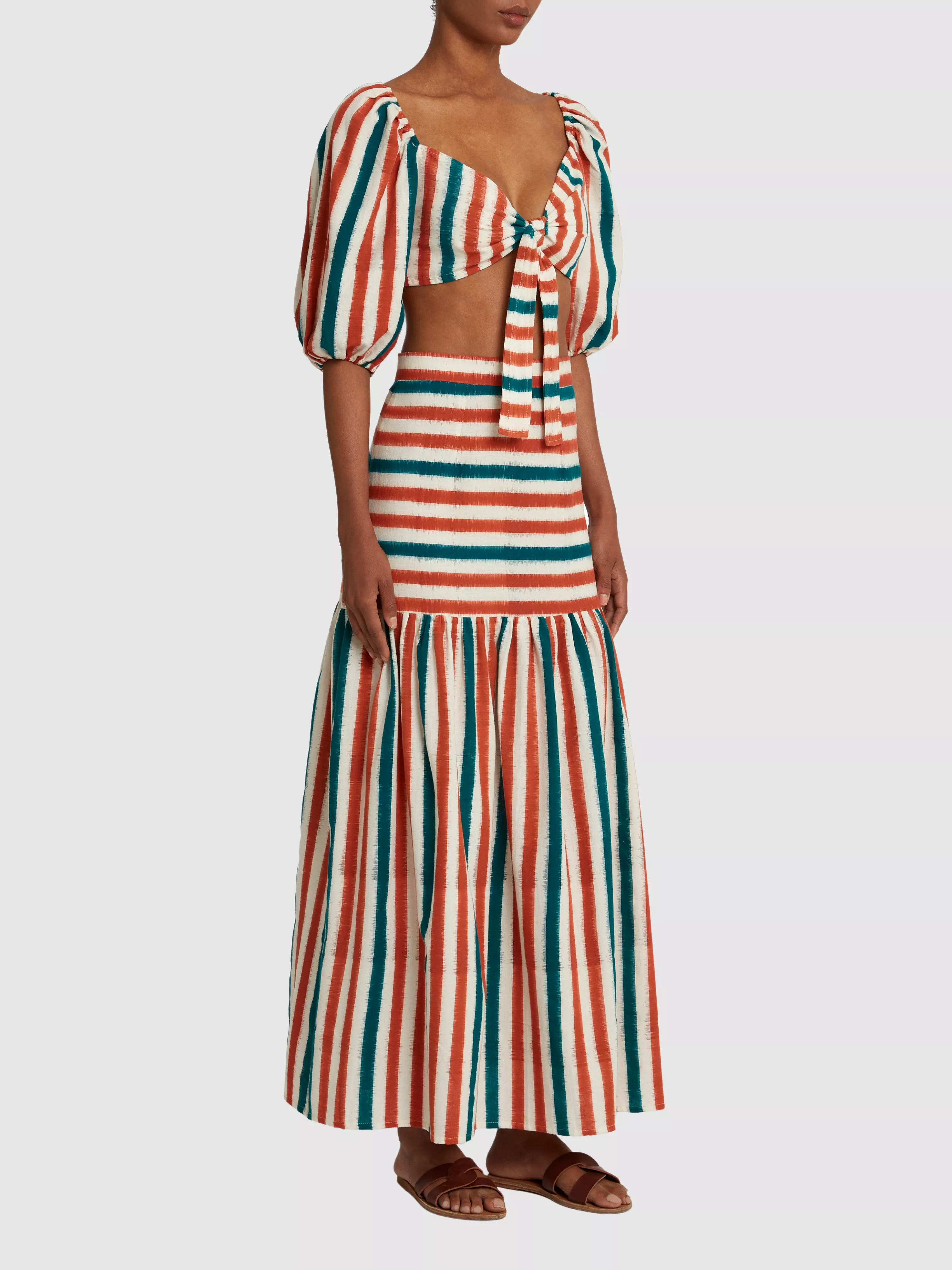 Brown Green Cornelia Ikat Striped Maxi Skirt.