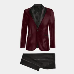 Burgundy velvet blazer with black lapel and black pants